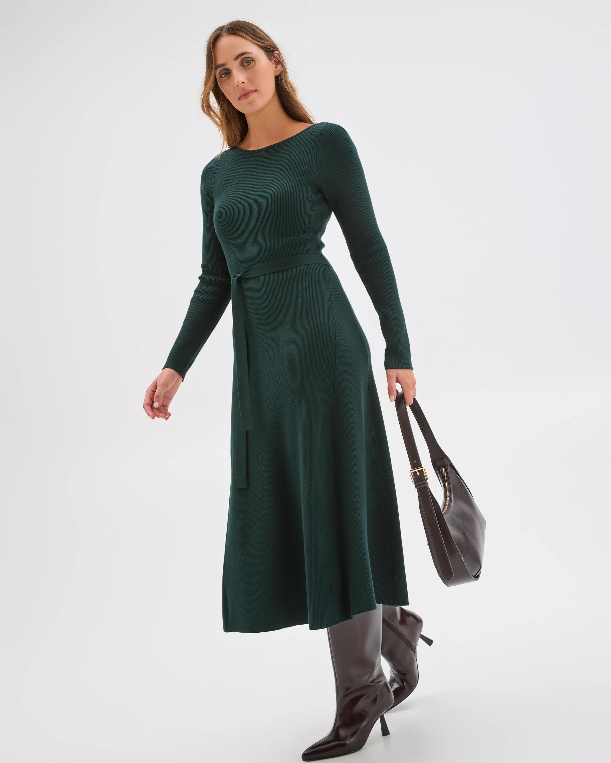 3 Preview Australian Cotton Blend Long Sleeve Knit Midi Dress MID JADE, 3 of 3