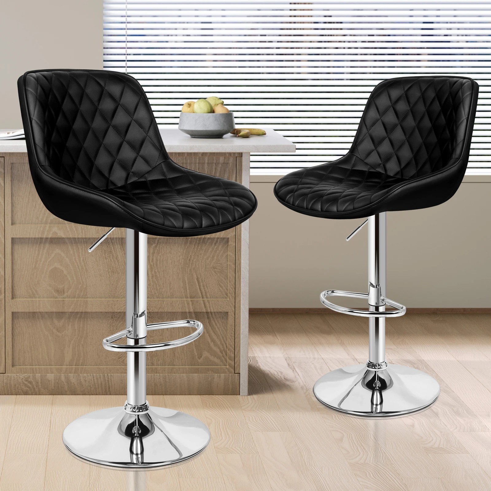 8 Alfordson 2x Bar Stools Gas Lift Leather Bar Chairs Kitchen Swivel - Black, 8 of 10