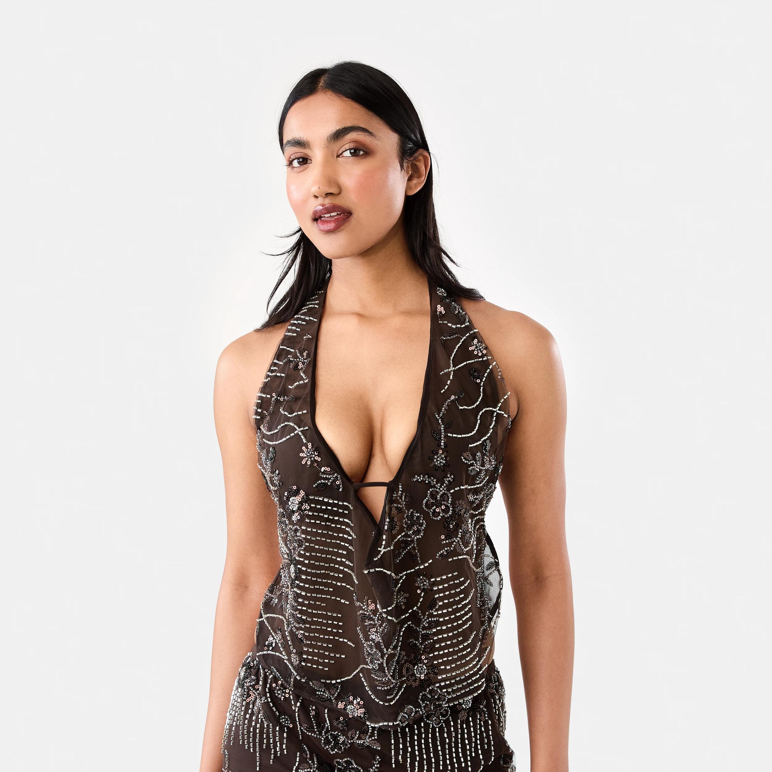 1 Sequin Cowl Neck Halter Top Melt Brown, 1 of 8