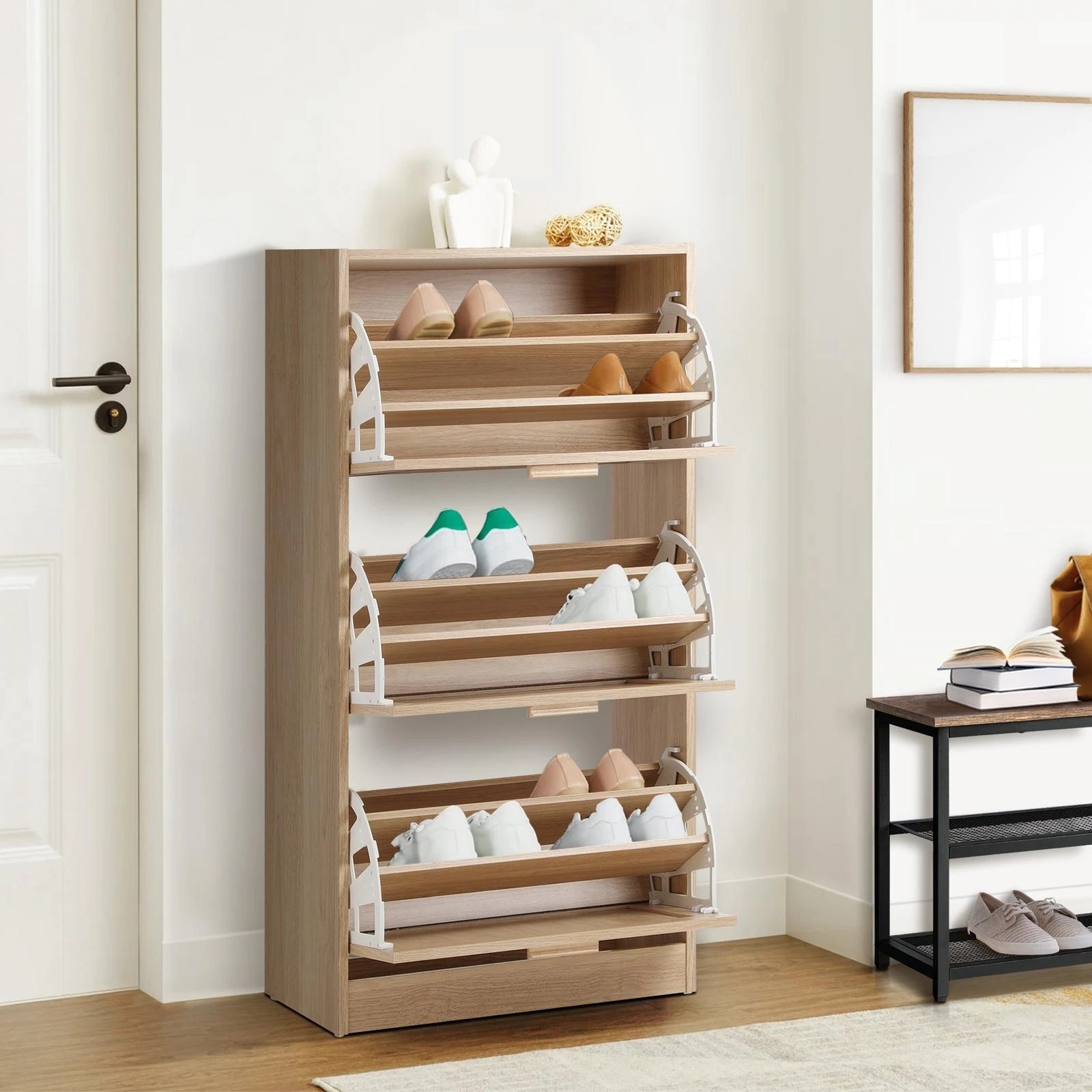 Oikiture Shoe Cabinet Storage 3 Doors Shoes Rack Organiser Rattan Shelf ...