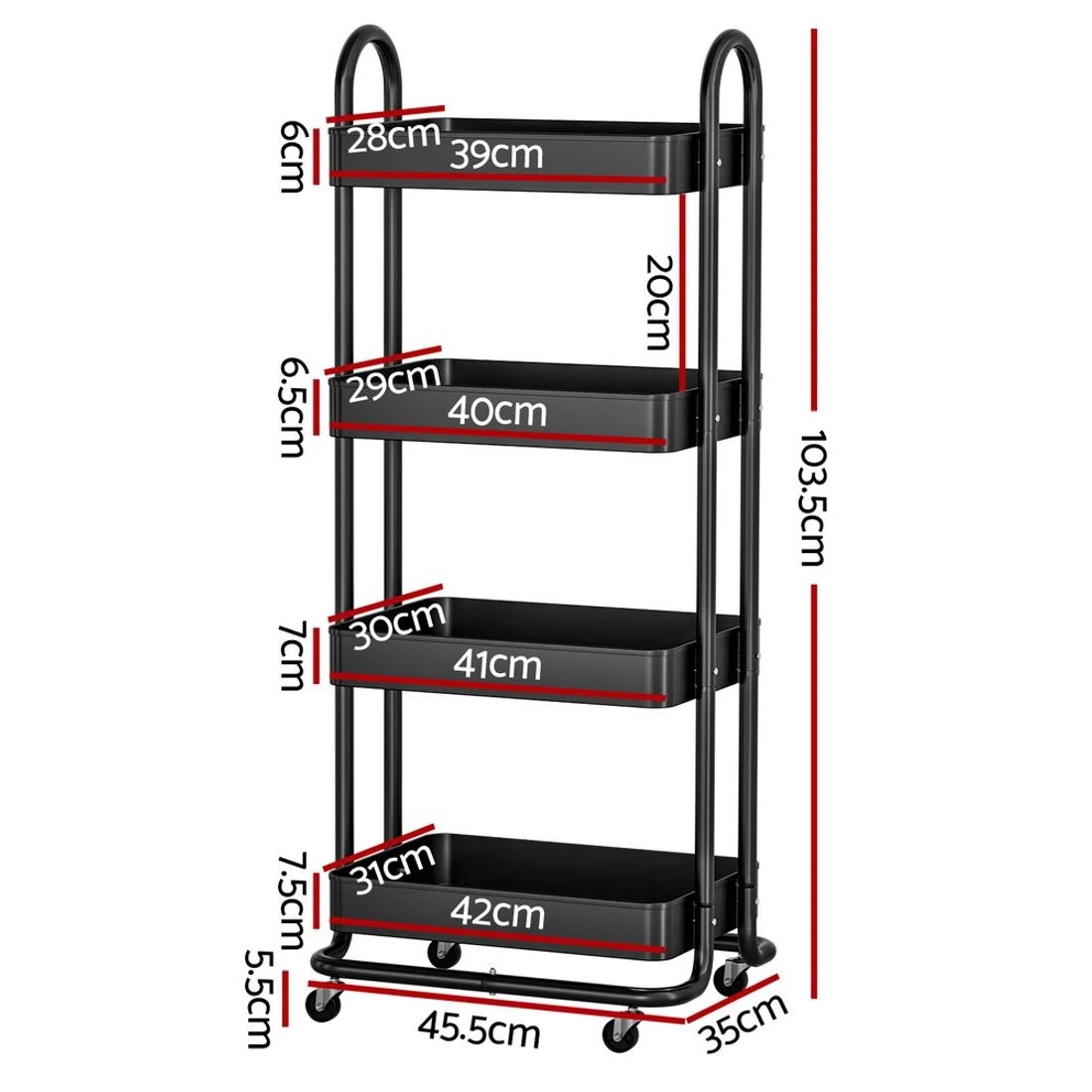 2 Artiss 4 Tier Storage Trolley Steel Frame Deep Trays Portable Rolling Cart Kitchen Craft Office Organizer Stable - black, 2 of 3