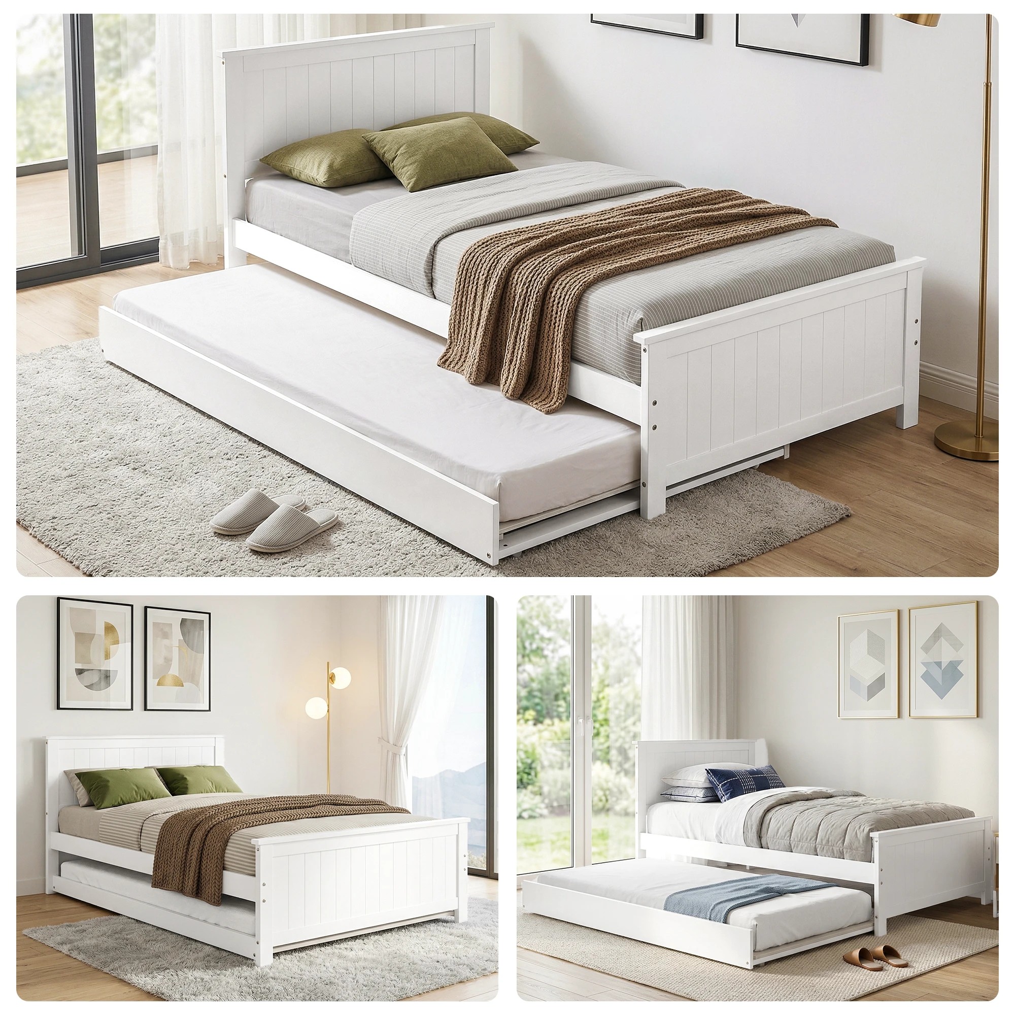 8 Artiss Single Bed Frame with Trundle Wood Toddler Bunk Bed with Headboard - White, 8 of 9