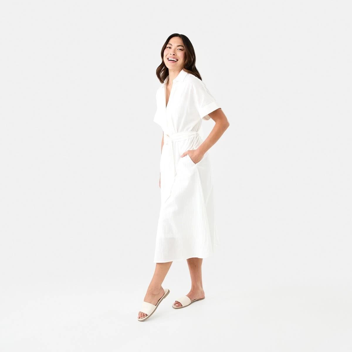 2 Short Sleeve Belted Midi Dress White, 2 of 9