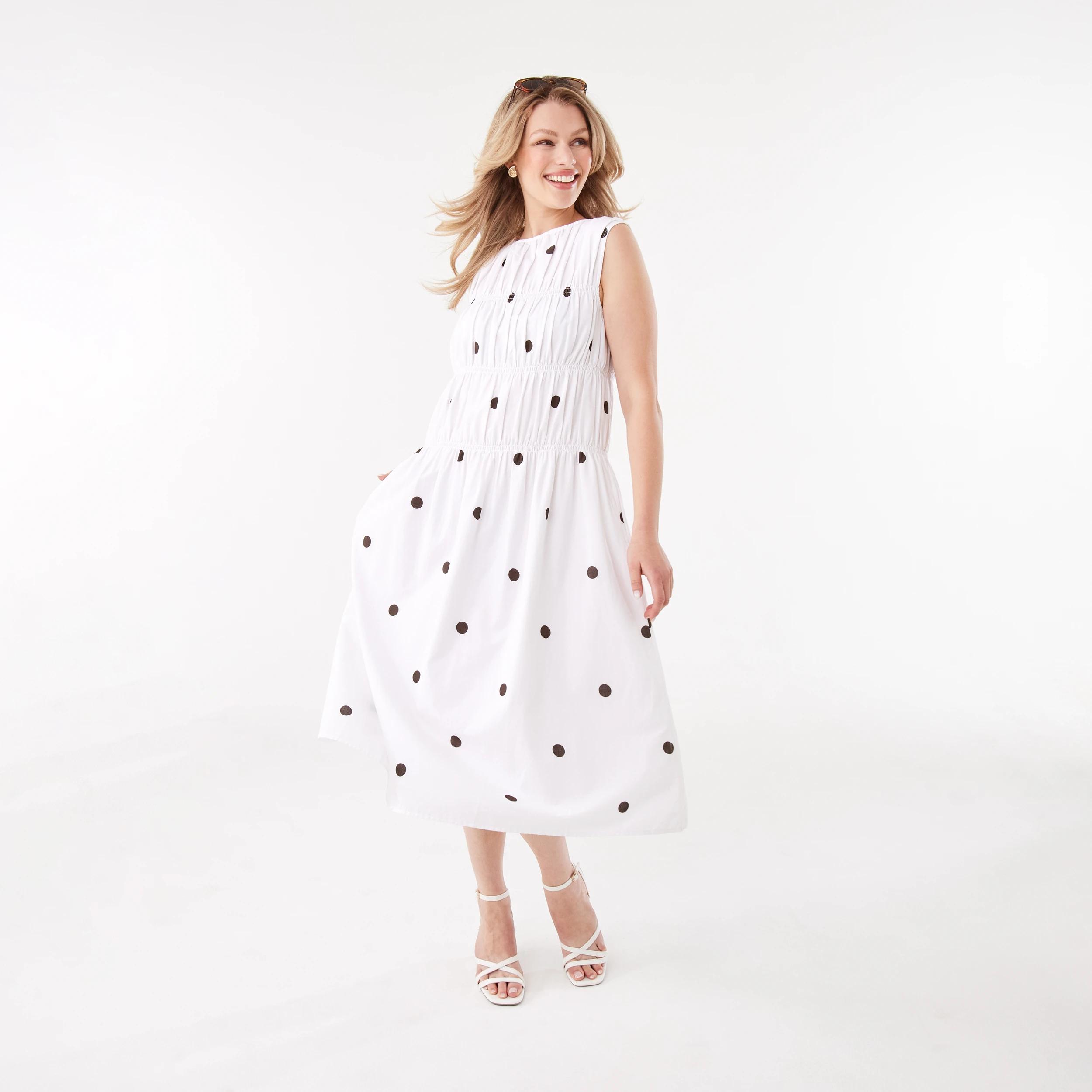 1 Sleeveless Cotton Shirred Midi Dress Spot Wht, 1 of 7