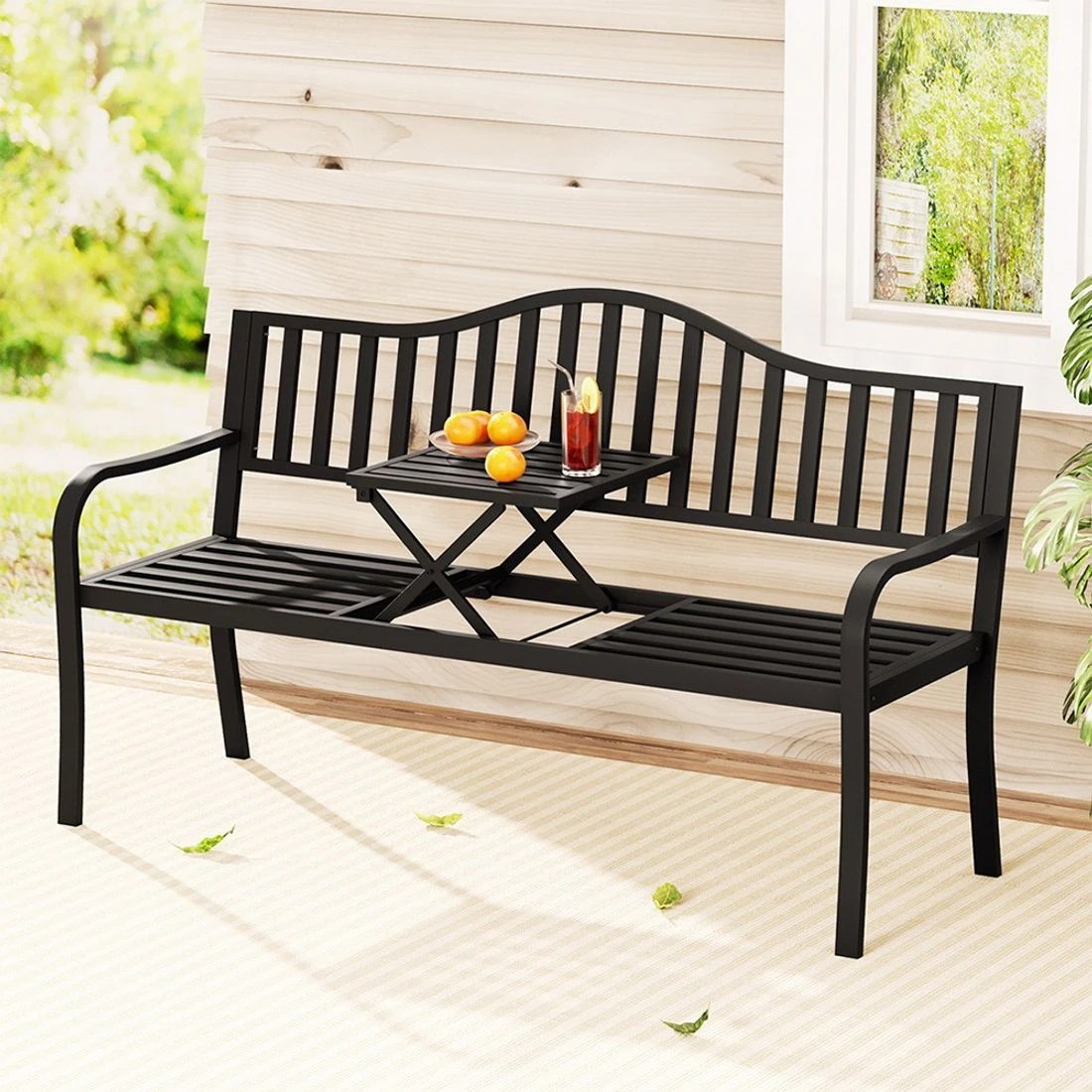 3 Gardeon Outdoor Garden Bench Seat Loveseat Steel Foldable Table Patio Furniture - Black, 3 of 3