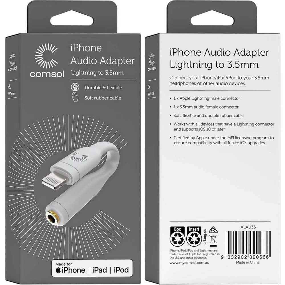 6 Comsol Silicone Lightning to 3.5mm Audio Adapter 10cm, 6 of 6