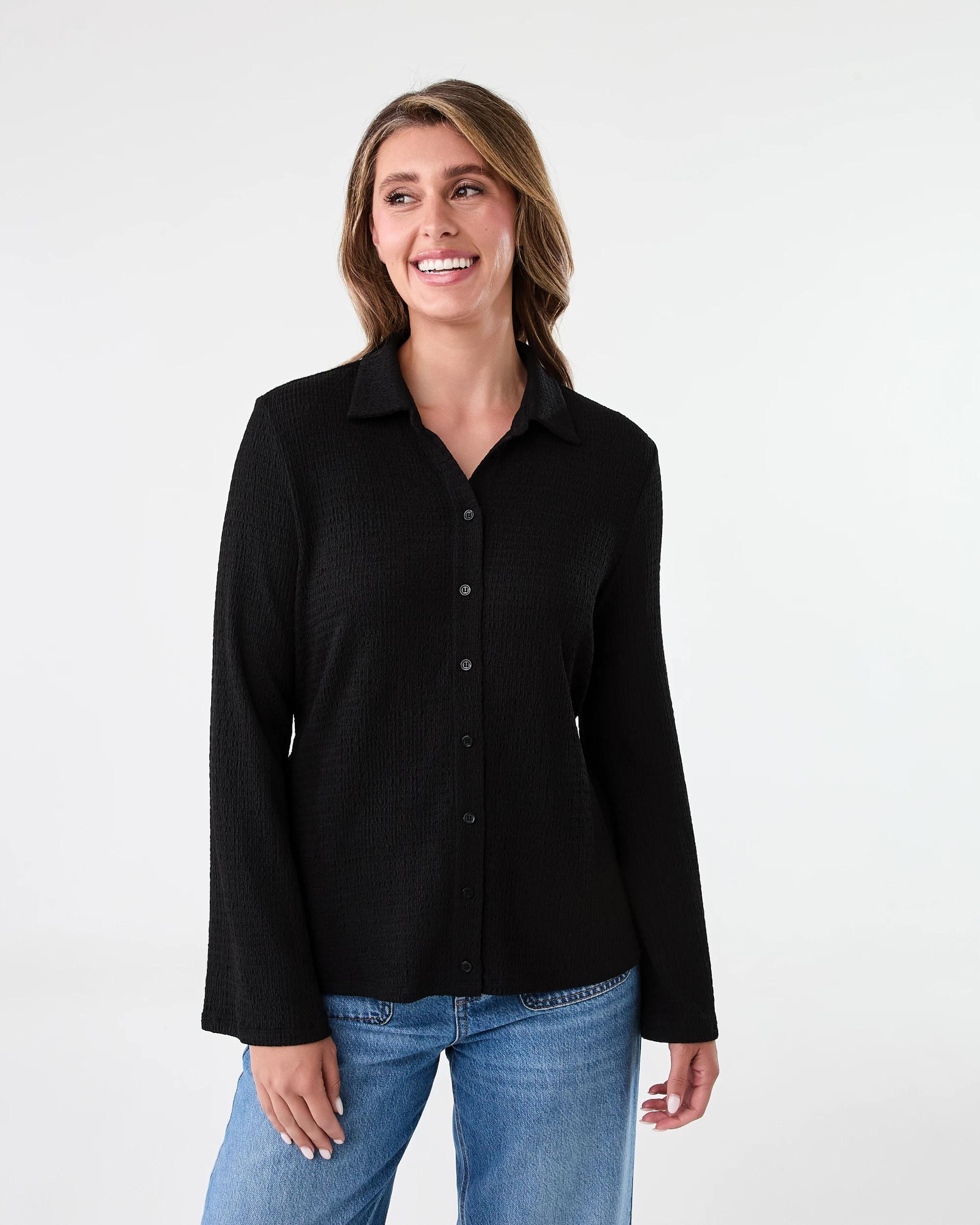 1 Long Sleeve Textured Tie Back Shirt Black, 1 of 9