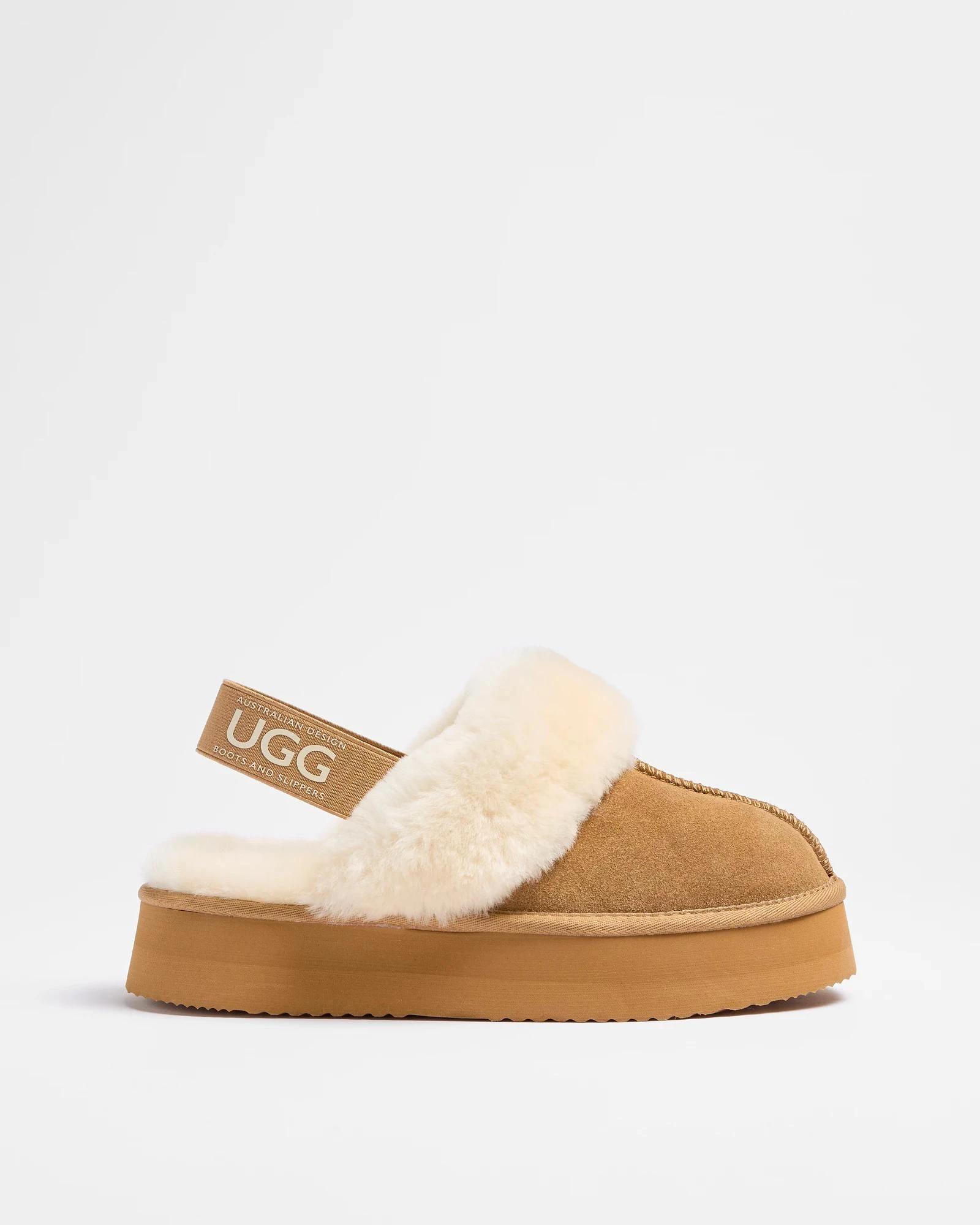 1 Australian Design Ugg Boots and Slippers Womens Sheepskin and Leather Platform Sling Back Slipper CHESTNUT, 1 of 4