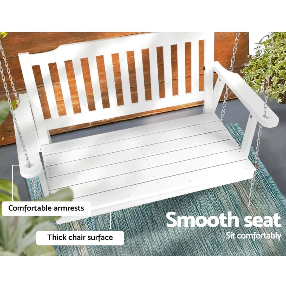 6 Gardeon Porch Swing Chair With Chain Outdoor Furniture Wooden Bench 2 Seat - White, 6 of 6