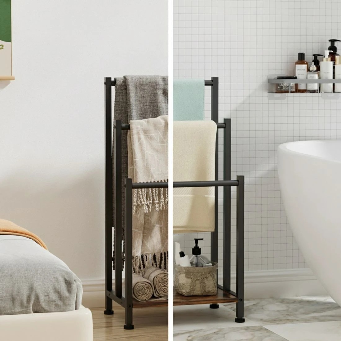 2 3 Tier Towel Rack Rail Freestanding Holder Bathroom Organizer Laundry Drying Bar - Black, 2 of 2