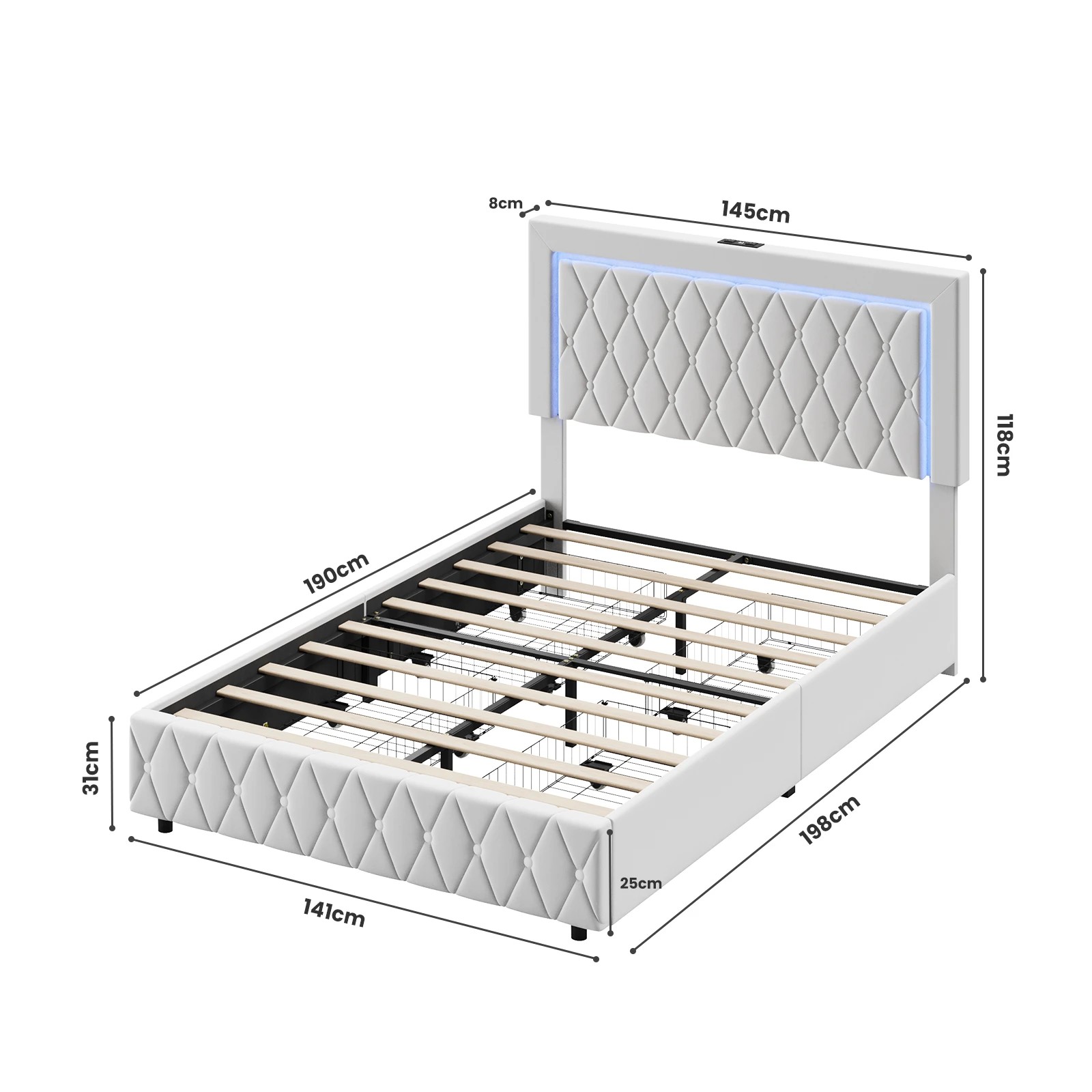 3 Advwin Double Velvet LED Bed Frame with Drawers and Charging - Beige, 3 of 8