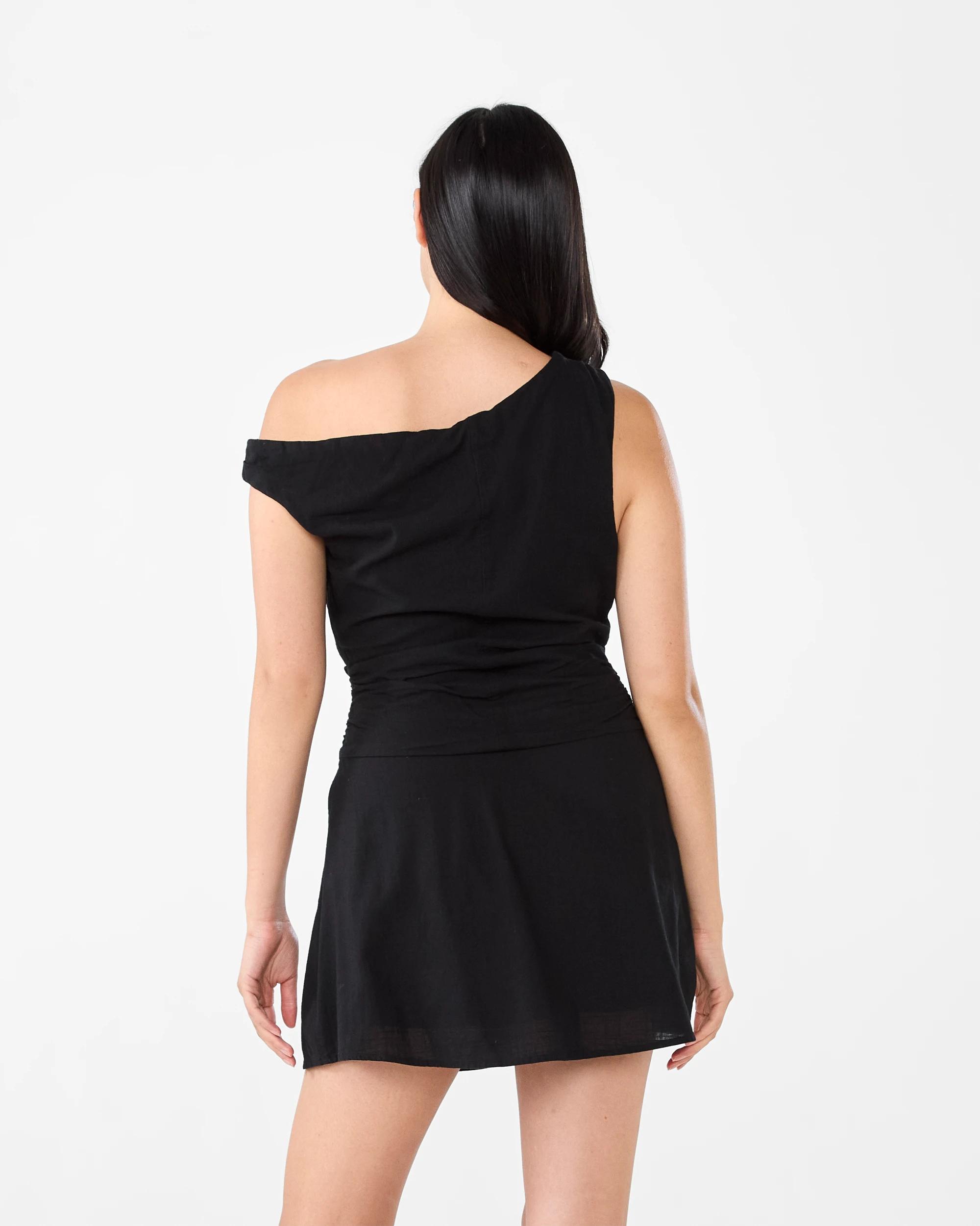 3 Sleeveless Asymmetrical Off Shoulder Mini Dress Black, 3 of 8