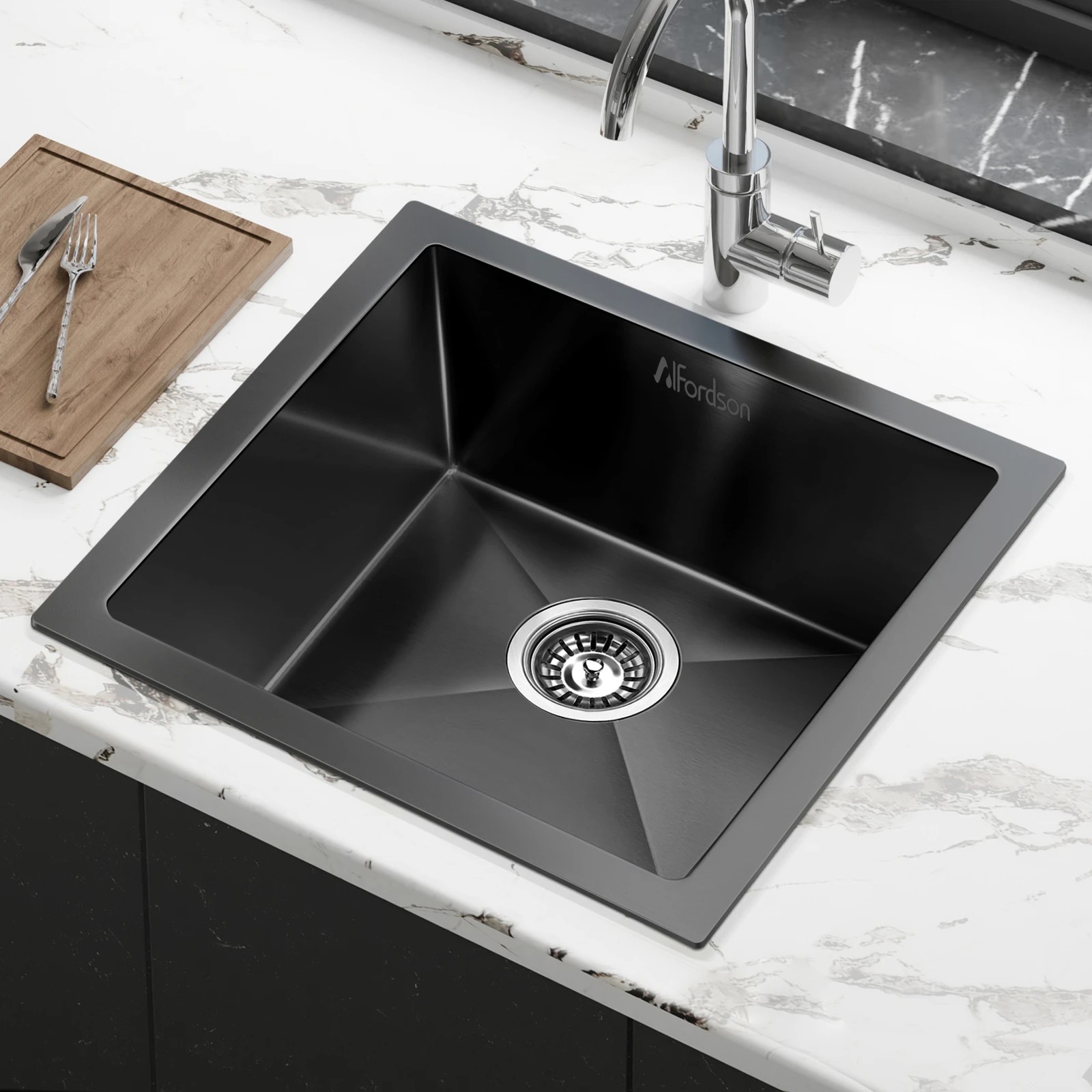 2 Alfordson Kitchen Sink 44x44cm Stainless Steel Basin Single Bowl - Black, 2 of 9