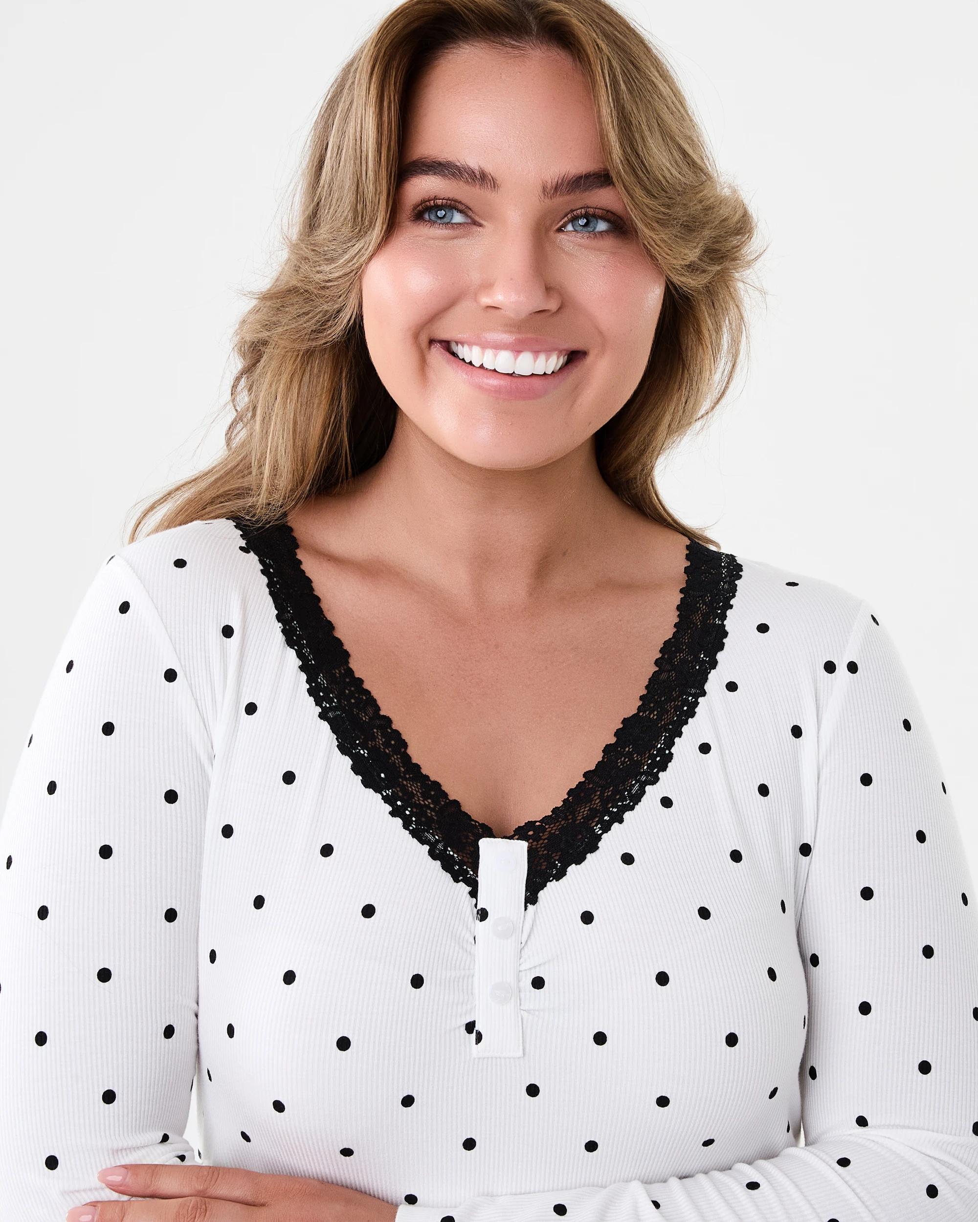 4 Long Sleeve Lace Trim Nightie Dots White, 4 of 7