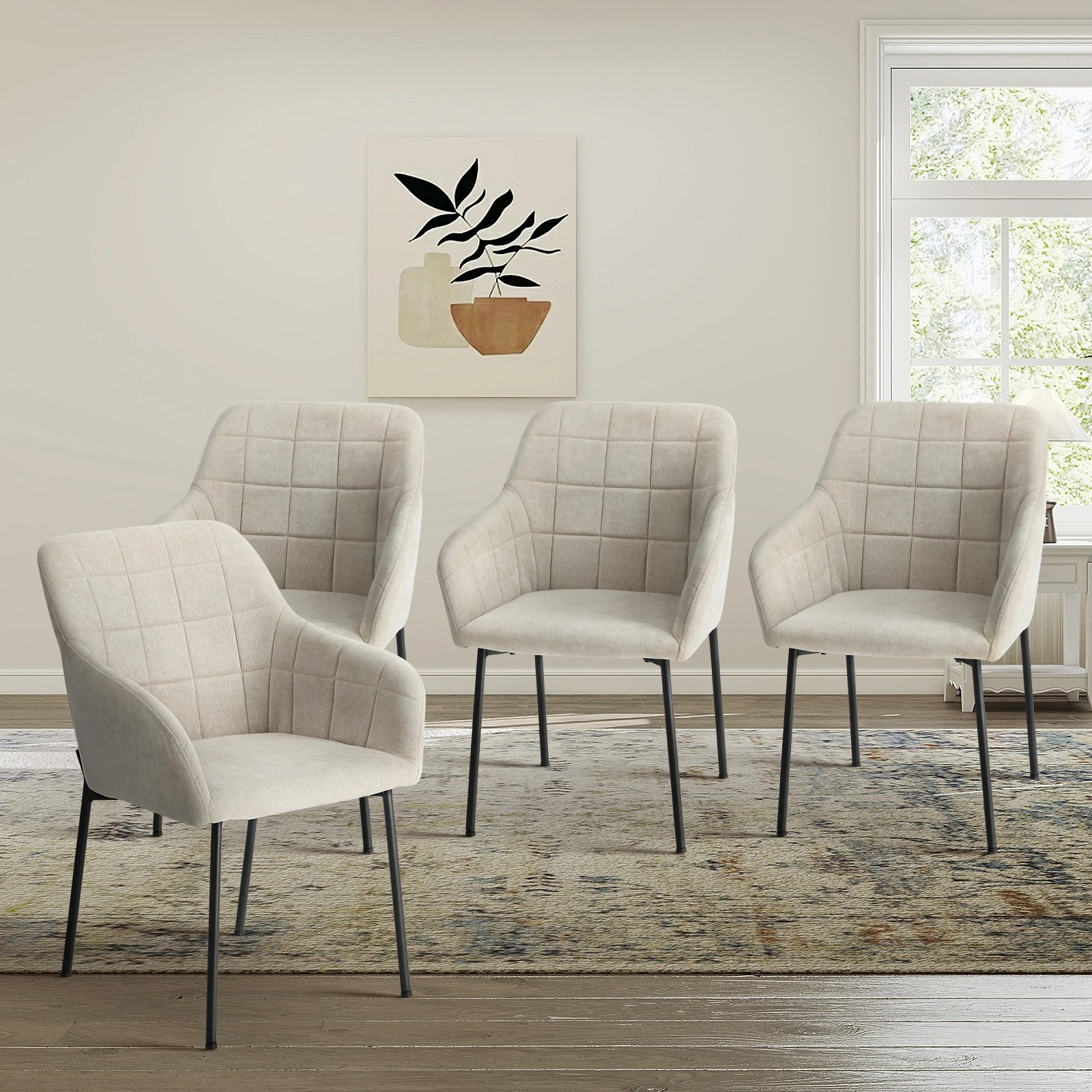3 Oikiture 4x Dining Chairs Kitchen Accent Armchairs Linen Fabric - Beige, 3 of 10