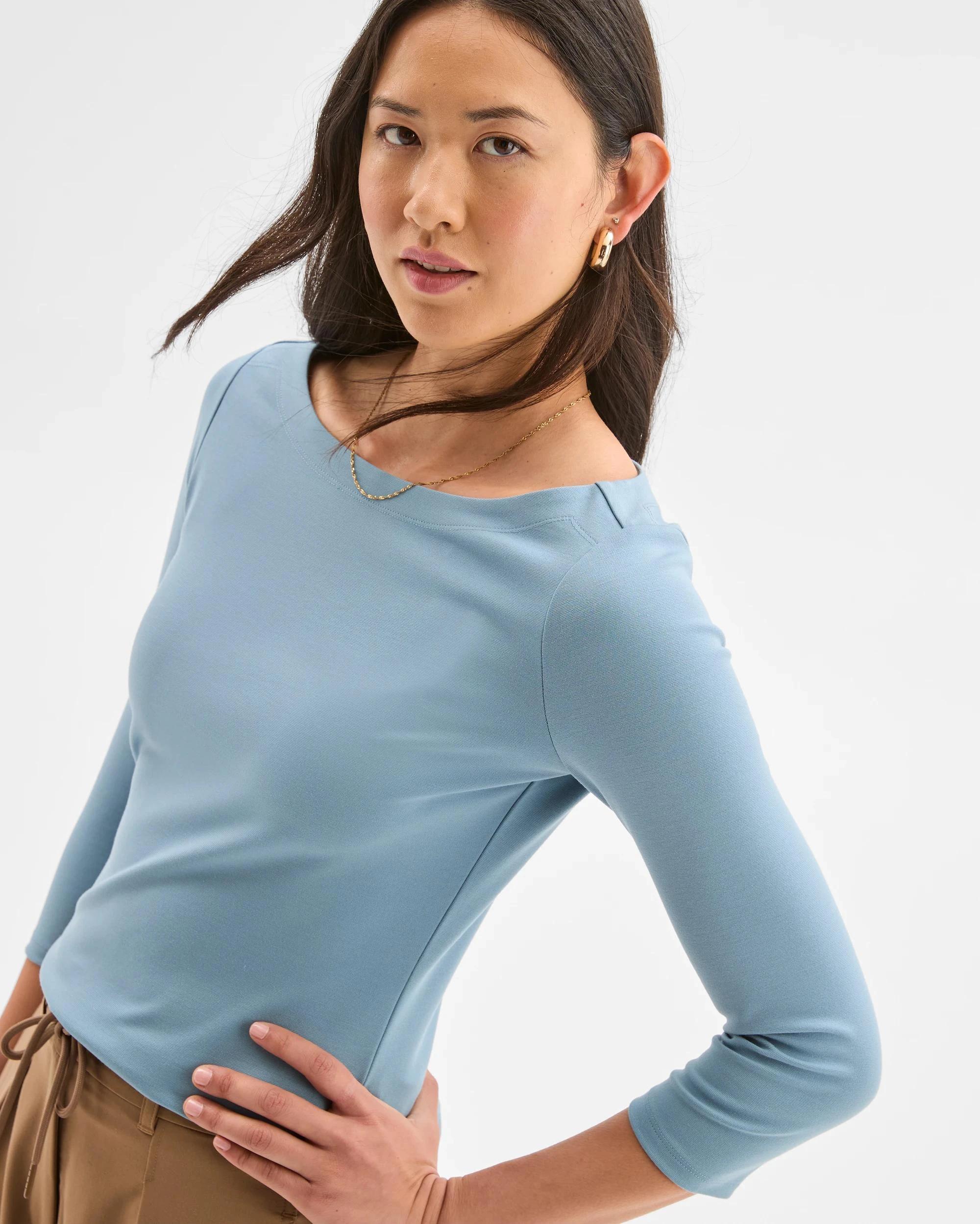 5 Preview 3/4 Sleeve Boat Neck Ponte T-Shirt MOODY BLUE, 5 of 7