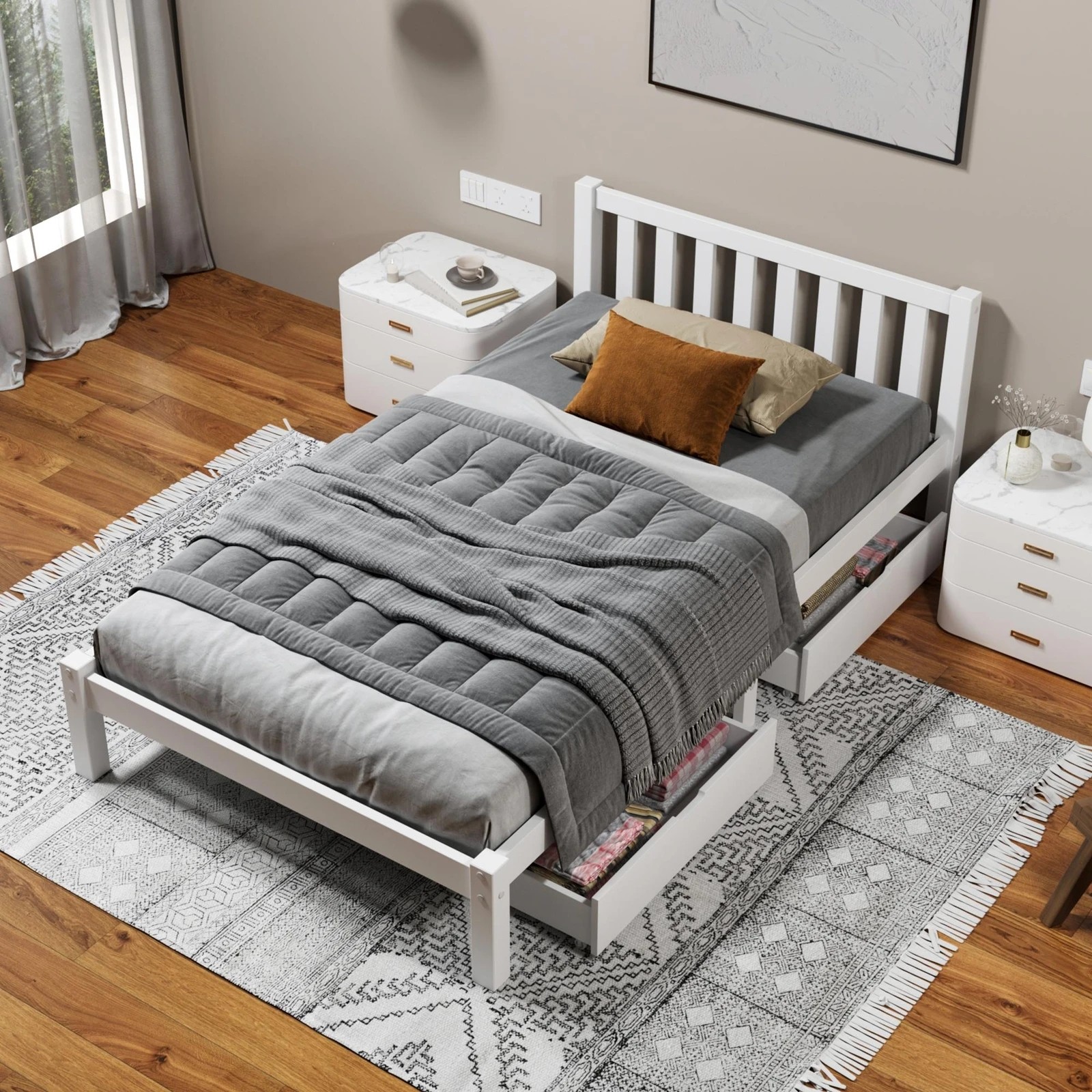 8 Alfordson Bed Frame Wooden Timber Single Size Mattress Base Platform Fenella - White, 8 of 10