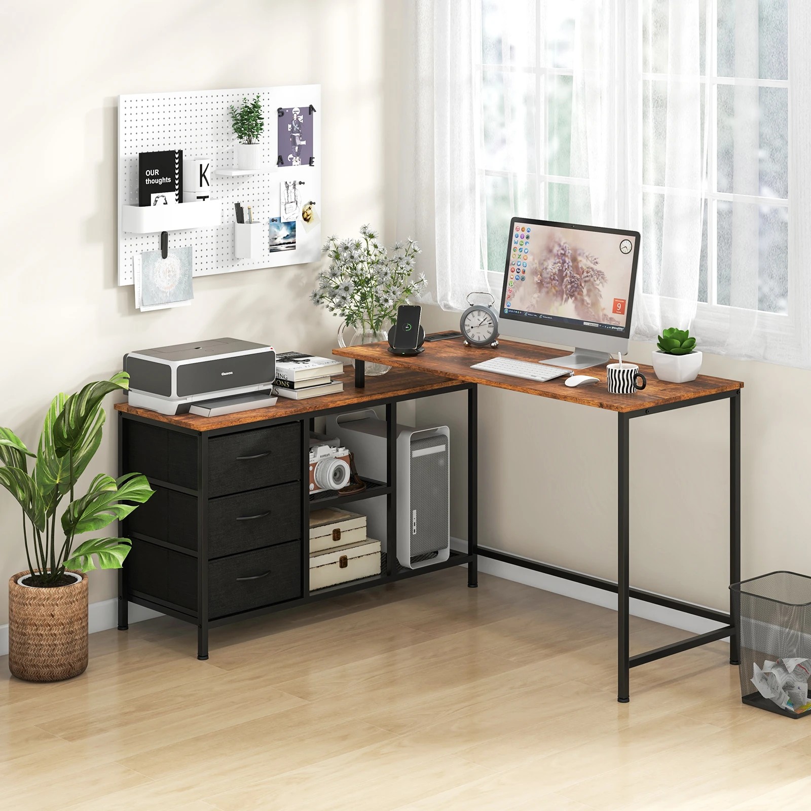 3 Costway L-shaped Computer Desk Home Office Writing Desk w/3 Fabric Drawers & Power Outlet, 3 of 4