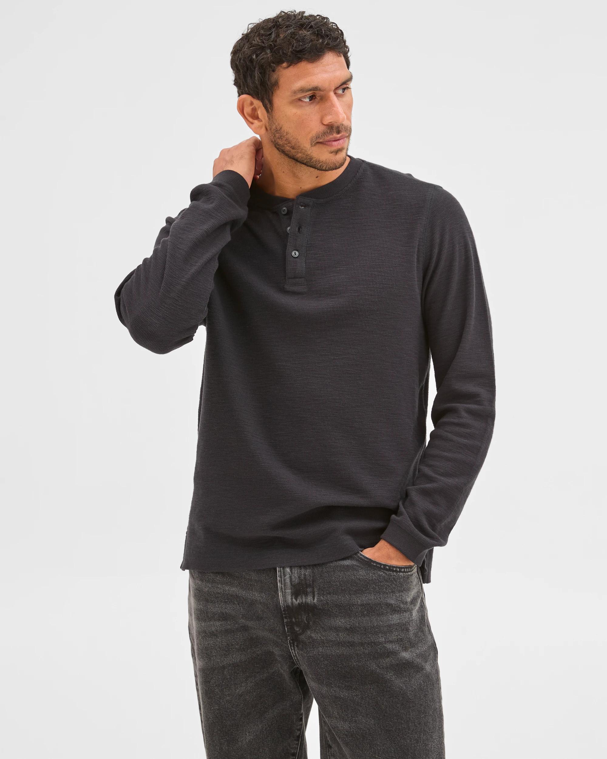 2 Target Australian Cotton Waffle Henley T-Shirt BLACK MARLE, 2 of 5