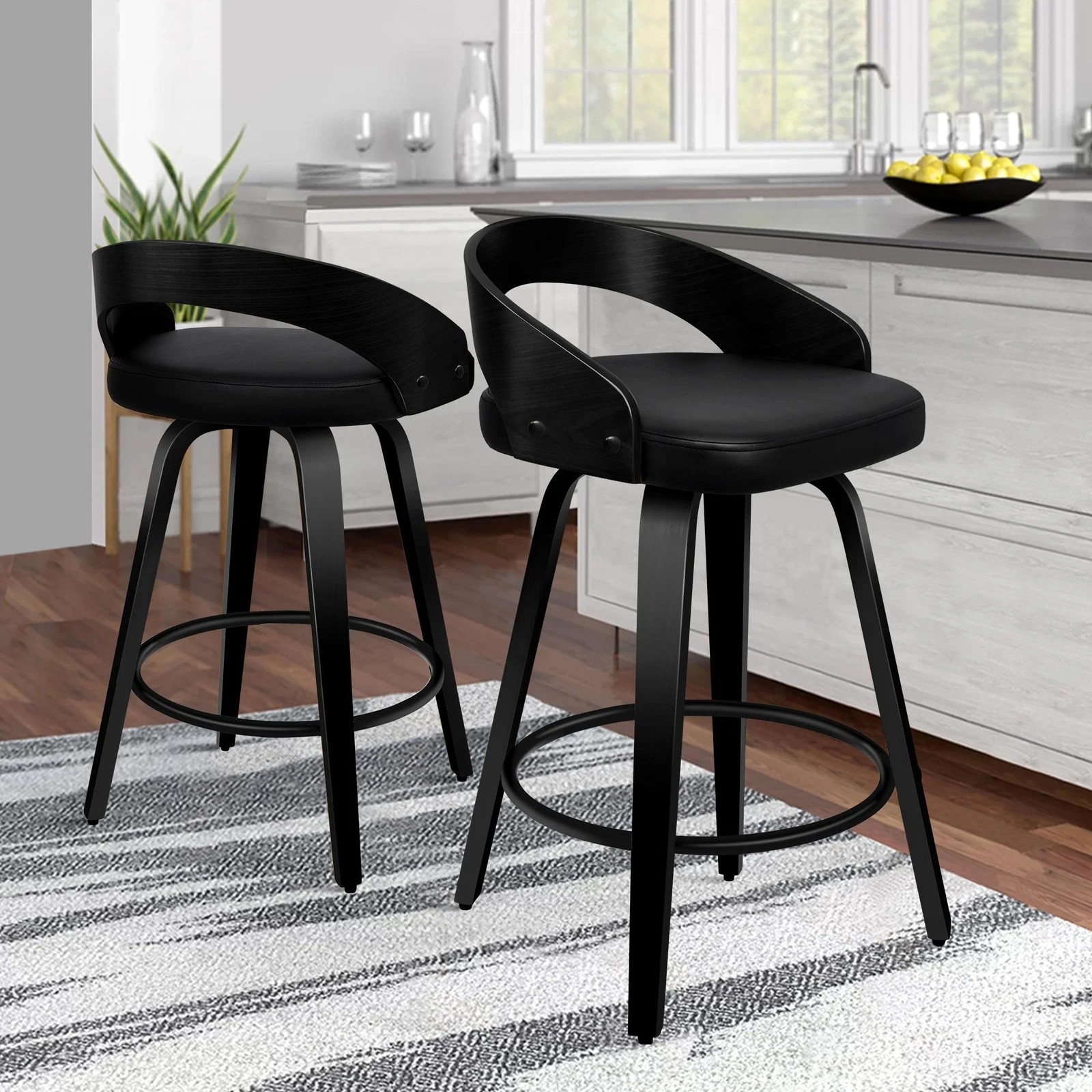 2 Alfordson 2x Swivel Bar Stools Caden Kitchen Wooden Dining Chair - Black, 2 of 10
