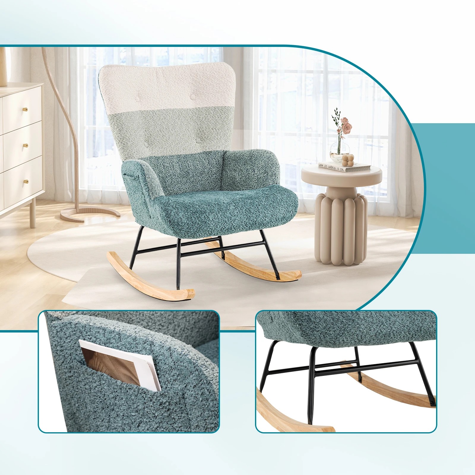 2 Costway Nursery Rocking Chair Upholstered Rocker w/Side Pocket Accent Lounge Chair, 2 of 6