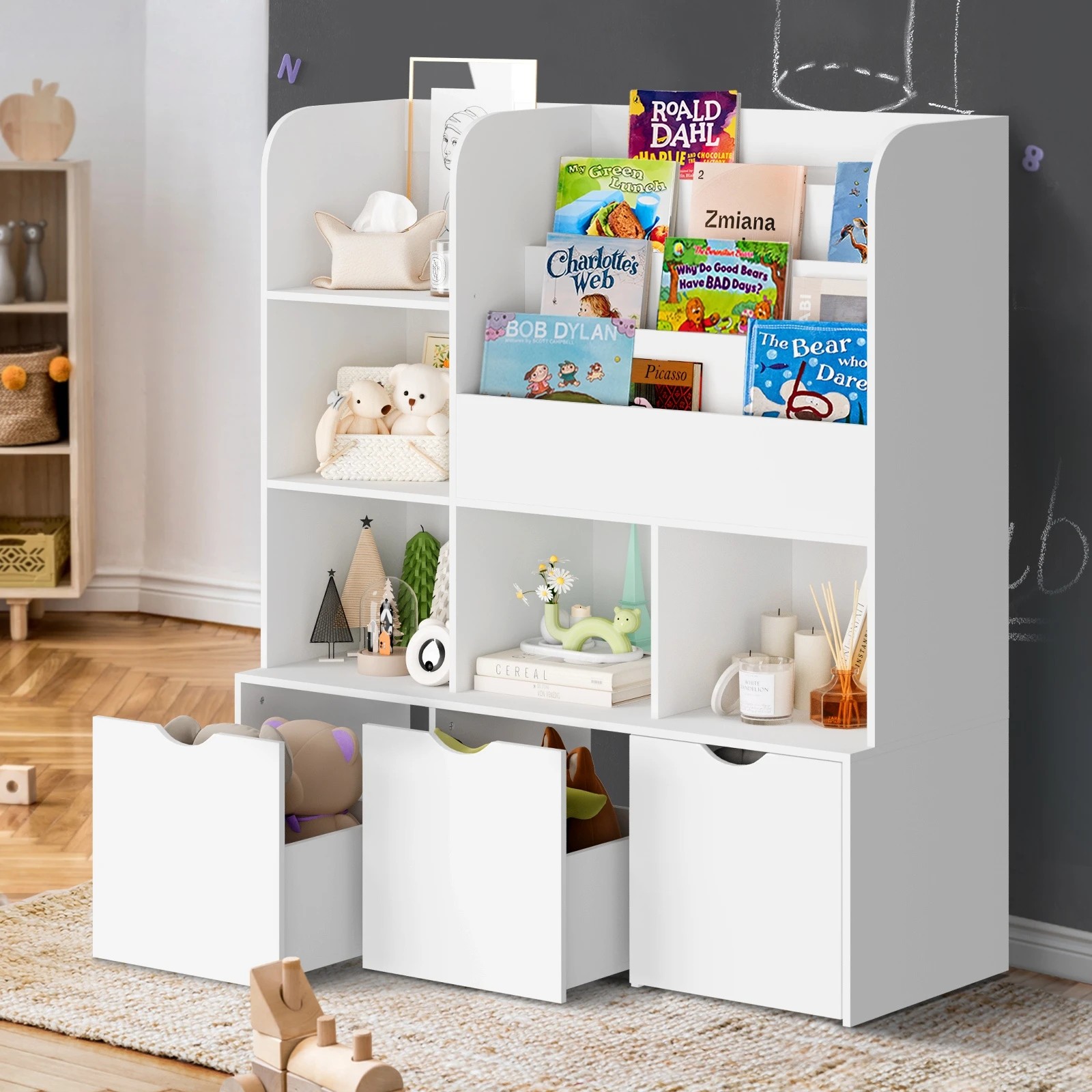 2 Oikiture Kids Bookcase Toy Organiser Cabinet Bookshelf With Chest Storage
 - White, 2 of 10