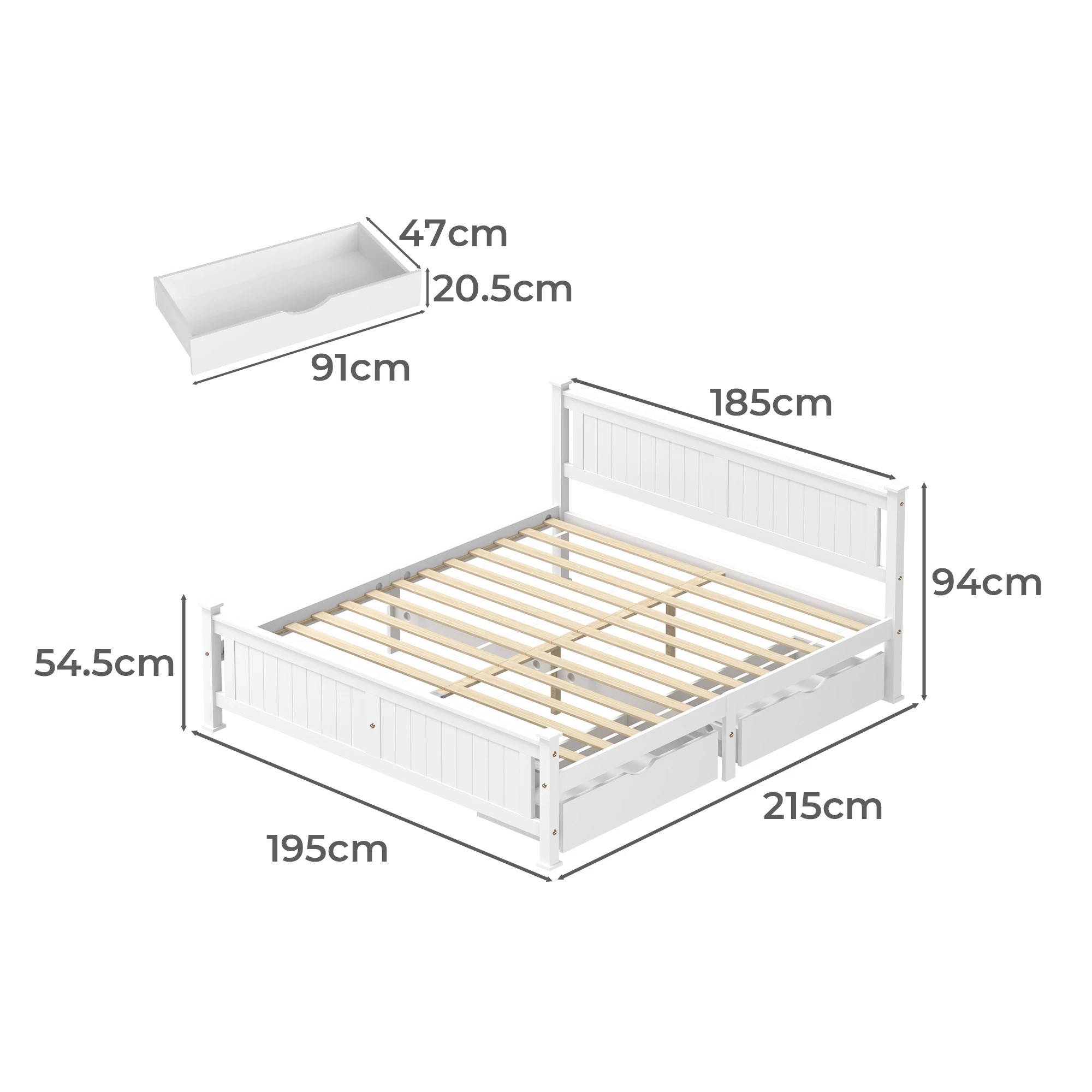 Oikiture Solid Pine Wood Bed Frame with 2 Trundle Drawers King - White ...