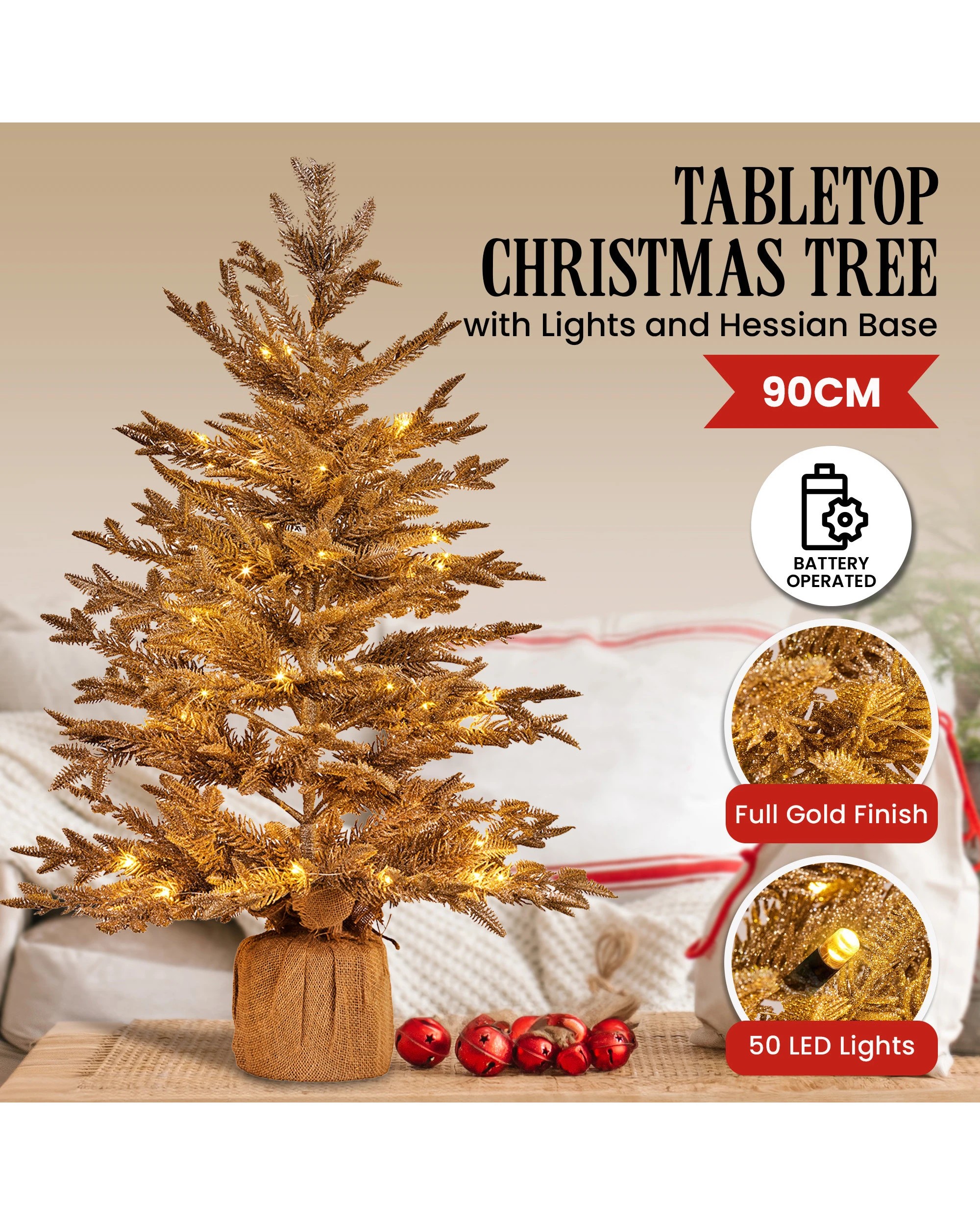6 Christabelle 3ft Christmas Tree With Lights - Gold Fir In Hessian Base, 6 of 6