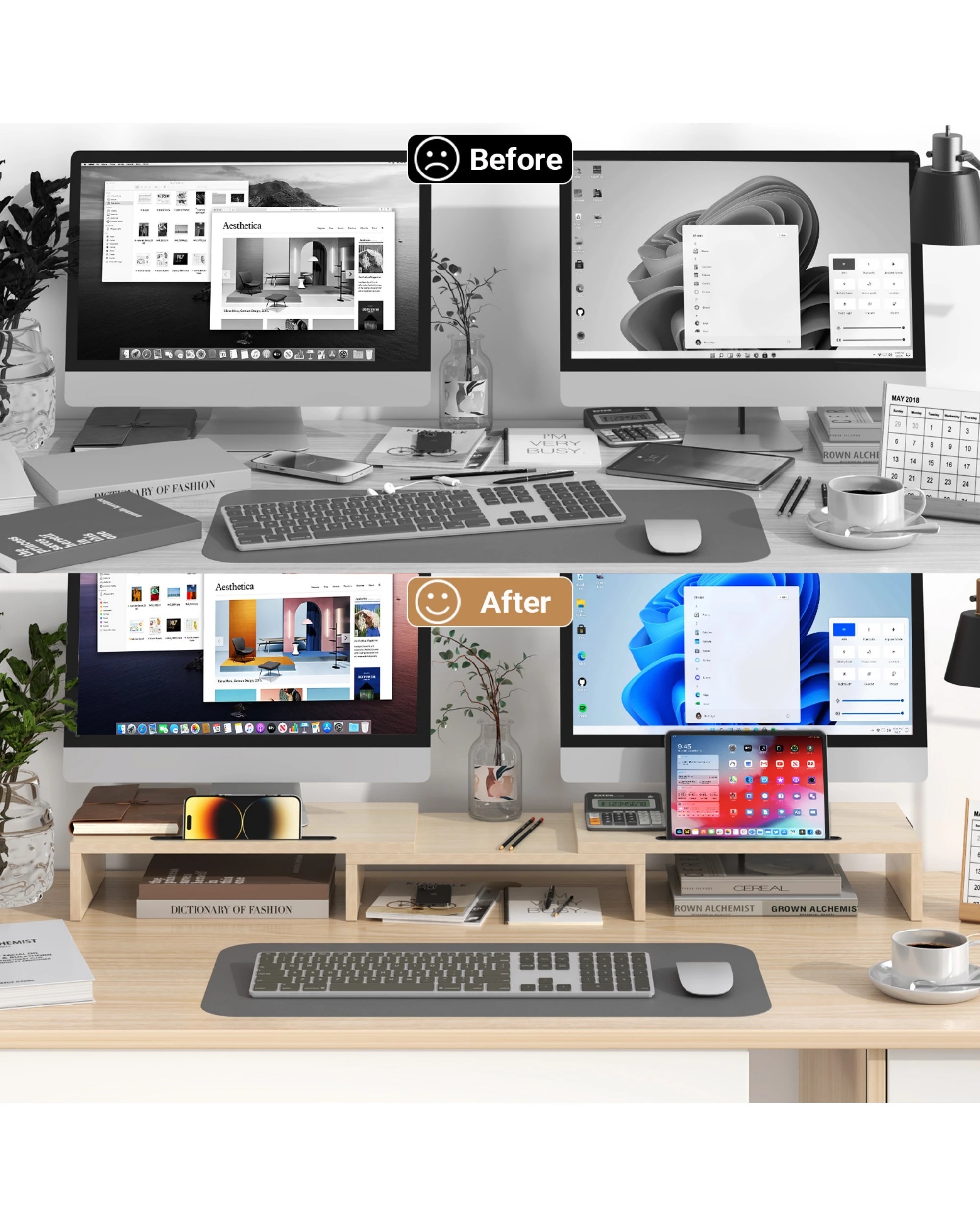 4 Advwin Dual Monitor Stand Riser Adjustable Length and Angle with 2 Slot - Wood, 4 of 4