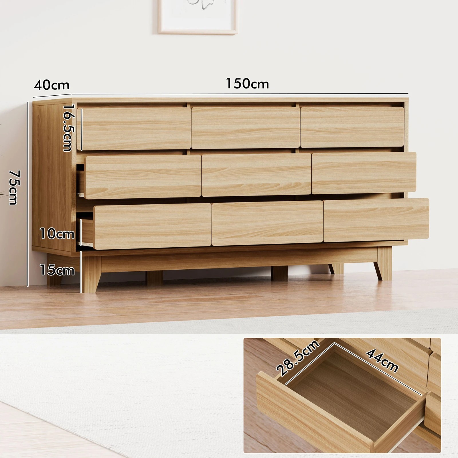 3 Alfordson 9 Chest of Drawers Minimalist Storage Cabinet Dresser - Oak, 3 of 10