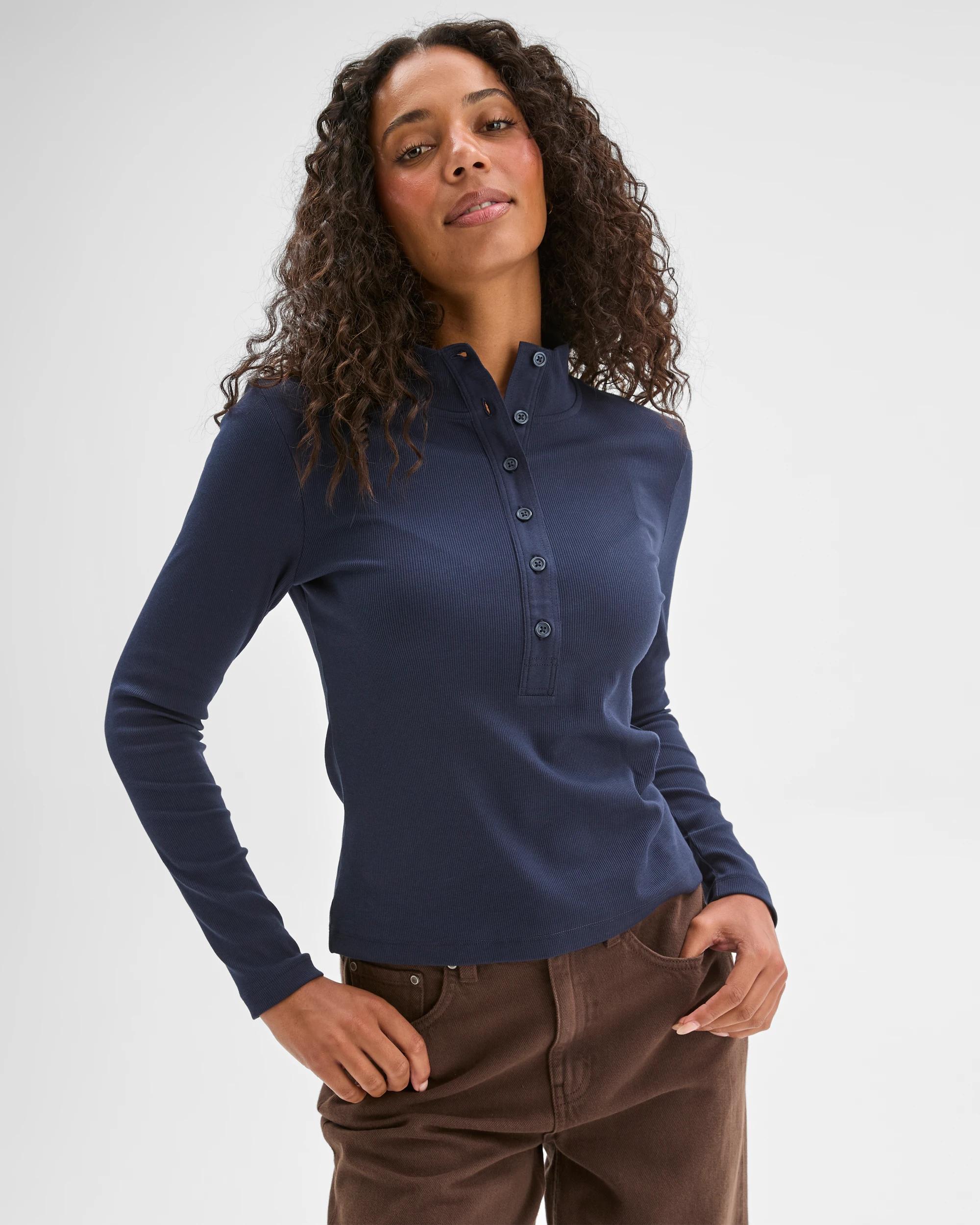 1 Target Woman Australian Cotton Long Sleeve Mock Neck Henley Top INK NAVY, 1 of 6