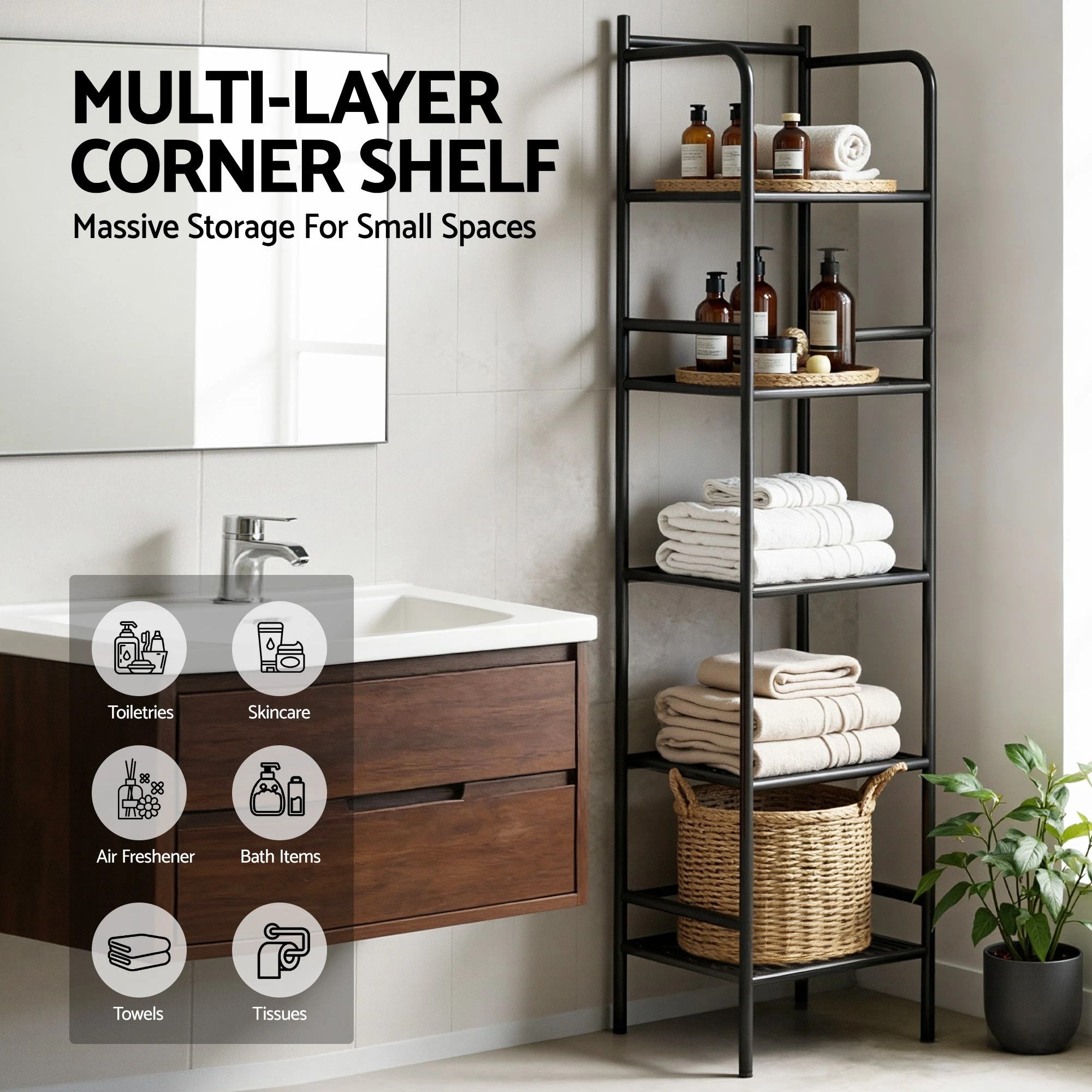 3 Artiss 5 Tier Floor Standing Corner Shower Caddy Bathroom Organizer - Black, 3 of 8