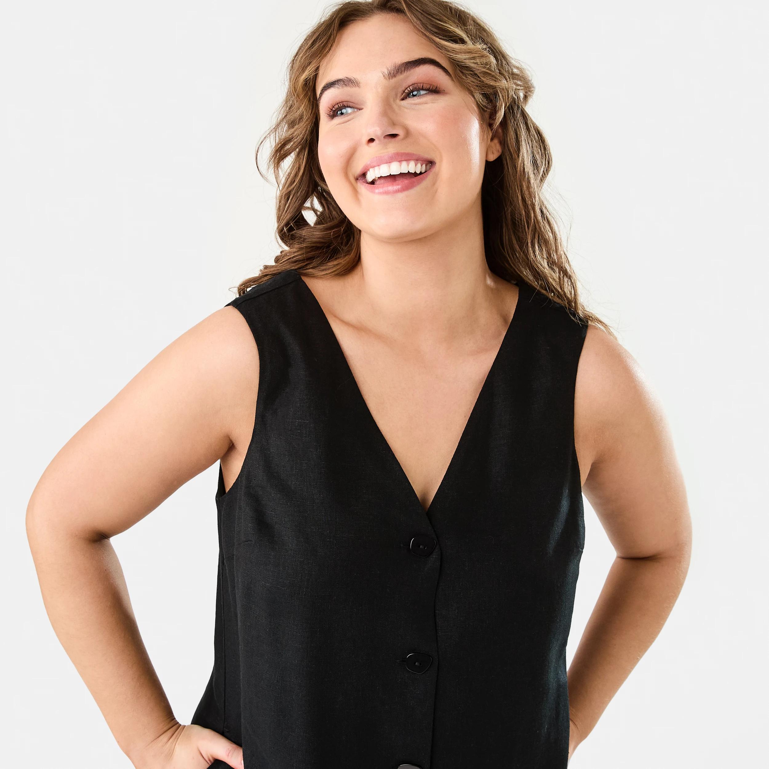 5 Sleeveless V-neck Linen Blend Button Mini Dress Black, 5 of 9