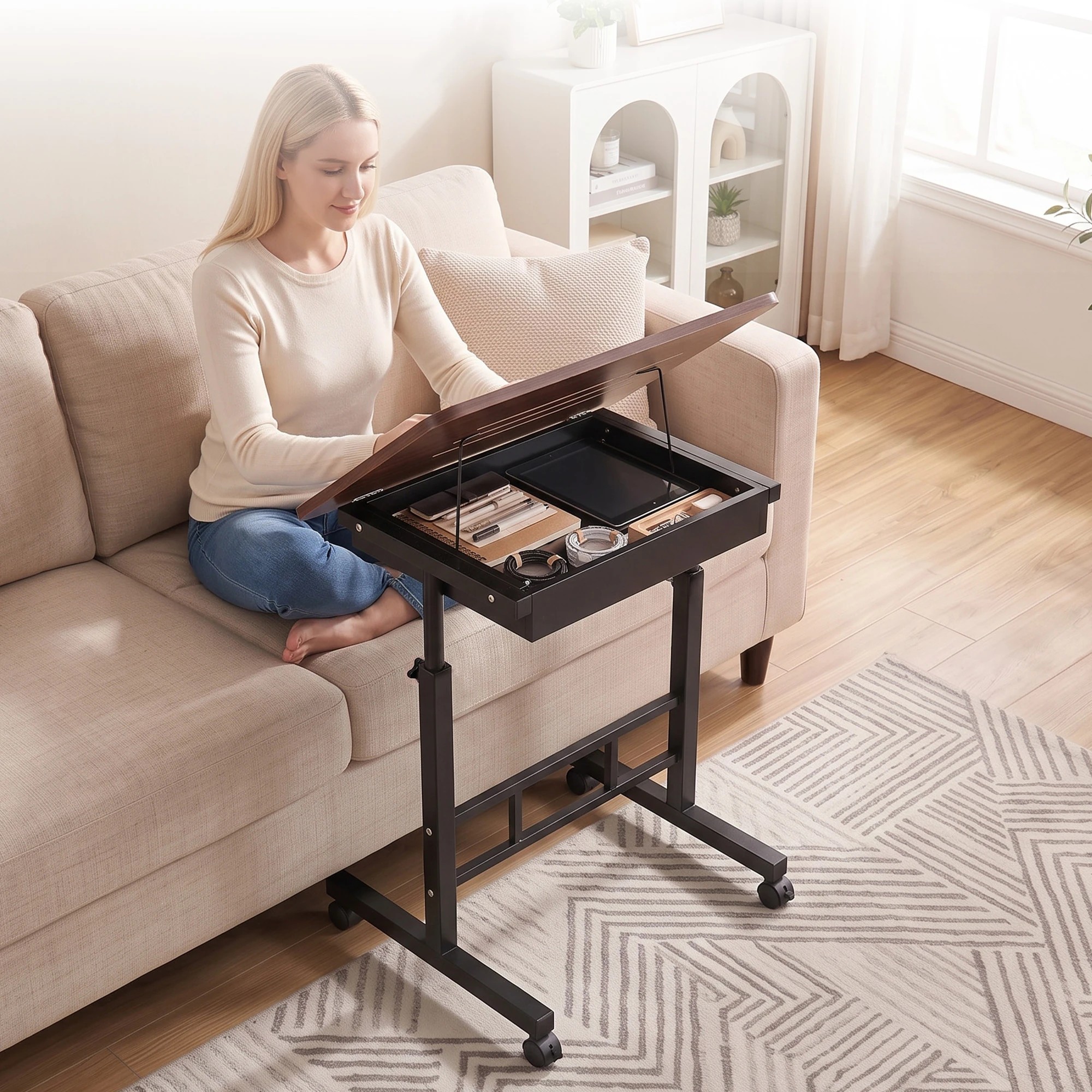 8 Artiss Adjustable Laptop Desk Mobile Bedside Table Hidden Storage - Natural, 8 of 10