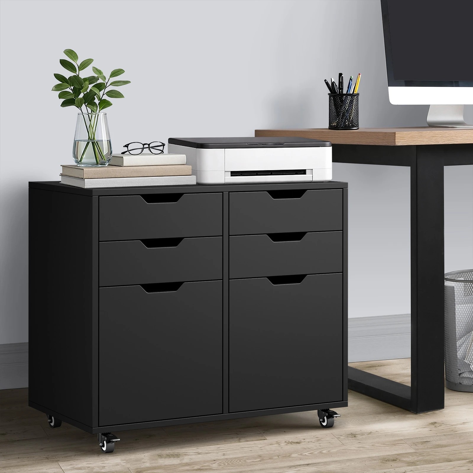 2 Oikiture Filing Cabinet 2 Door 4 Drawer Mobile Office Storage Cabinet - Black, 2 of 8