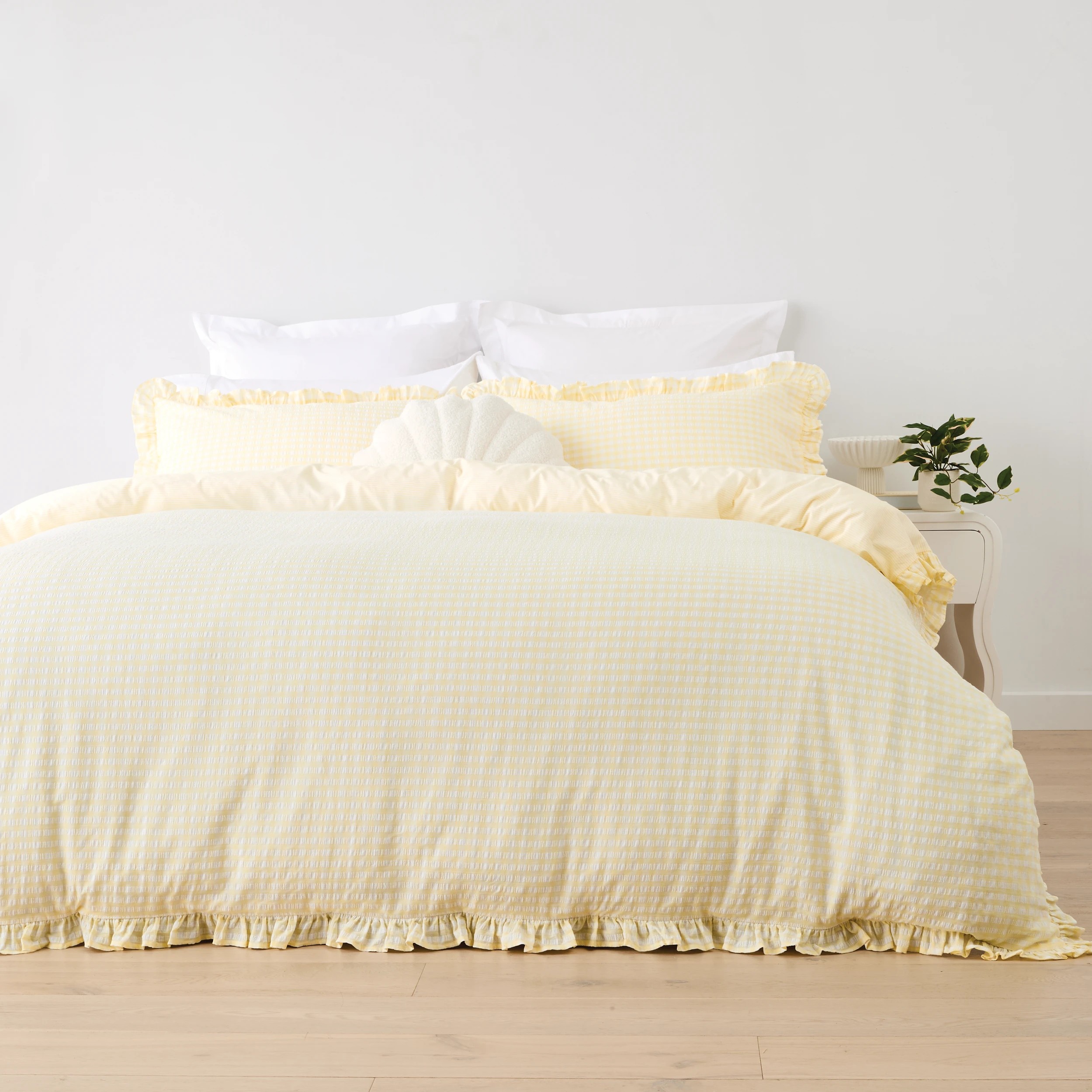1 Gingham Ruffle Cotton Reversible Quilt Cover Set - Super King Bed, Butter, 1 of 7