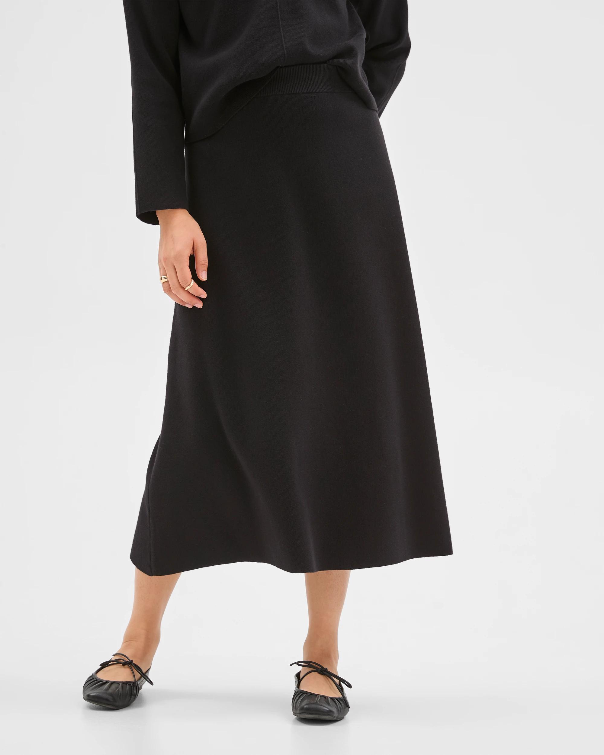 3 Preview Australian Cotton Blend A-Line Polished Midi Skirt BLACK, 3 of 5