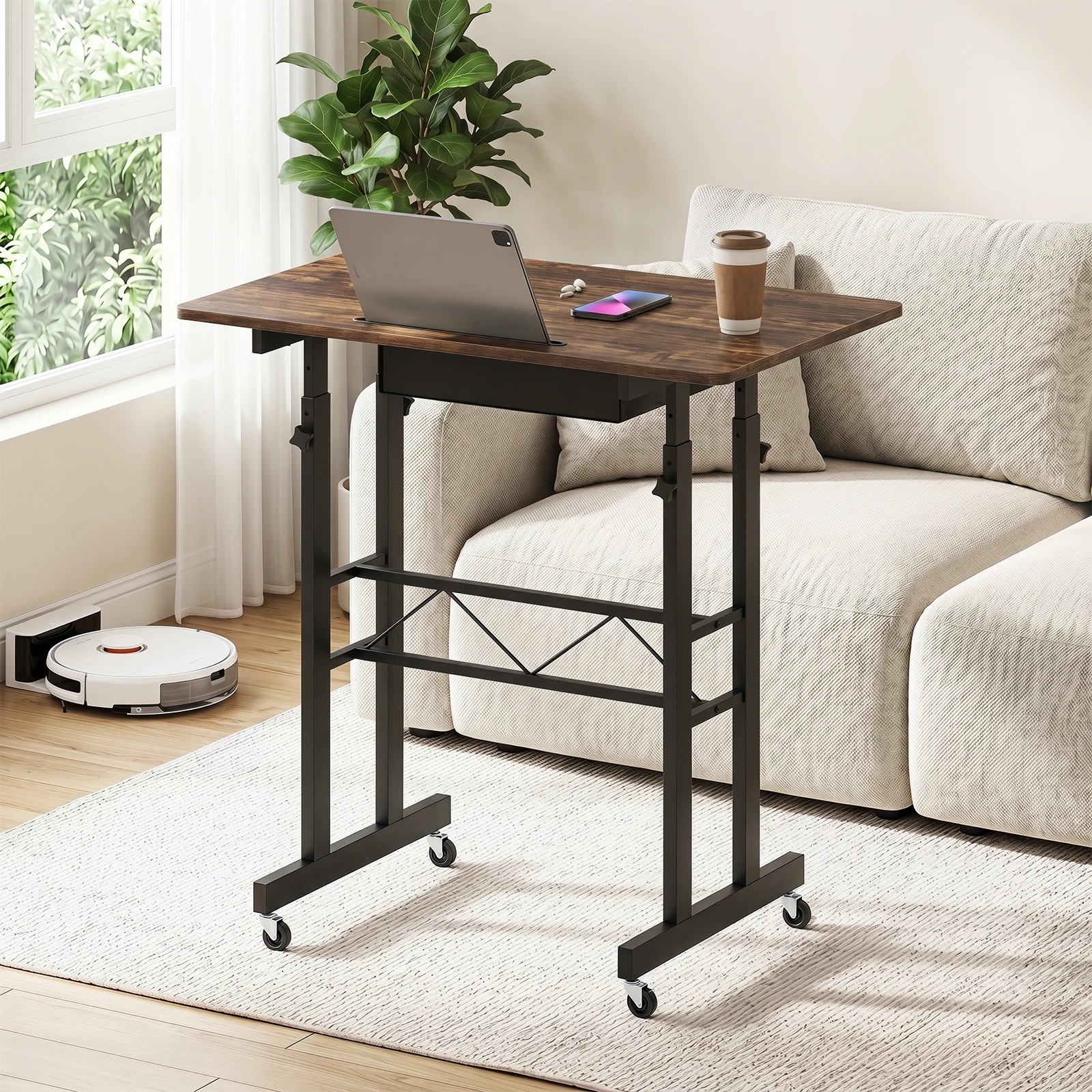 3 Costway Mobile Standing Desk Adjustable Sit Stand Laptop Desk w/Fabric Drawer - Brown, 3 of 6