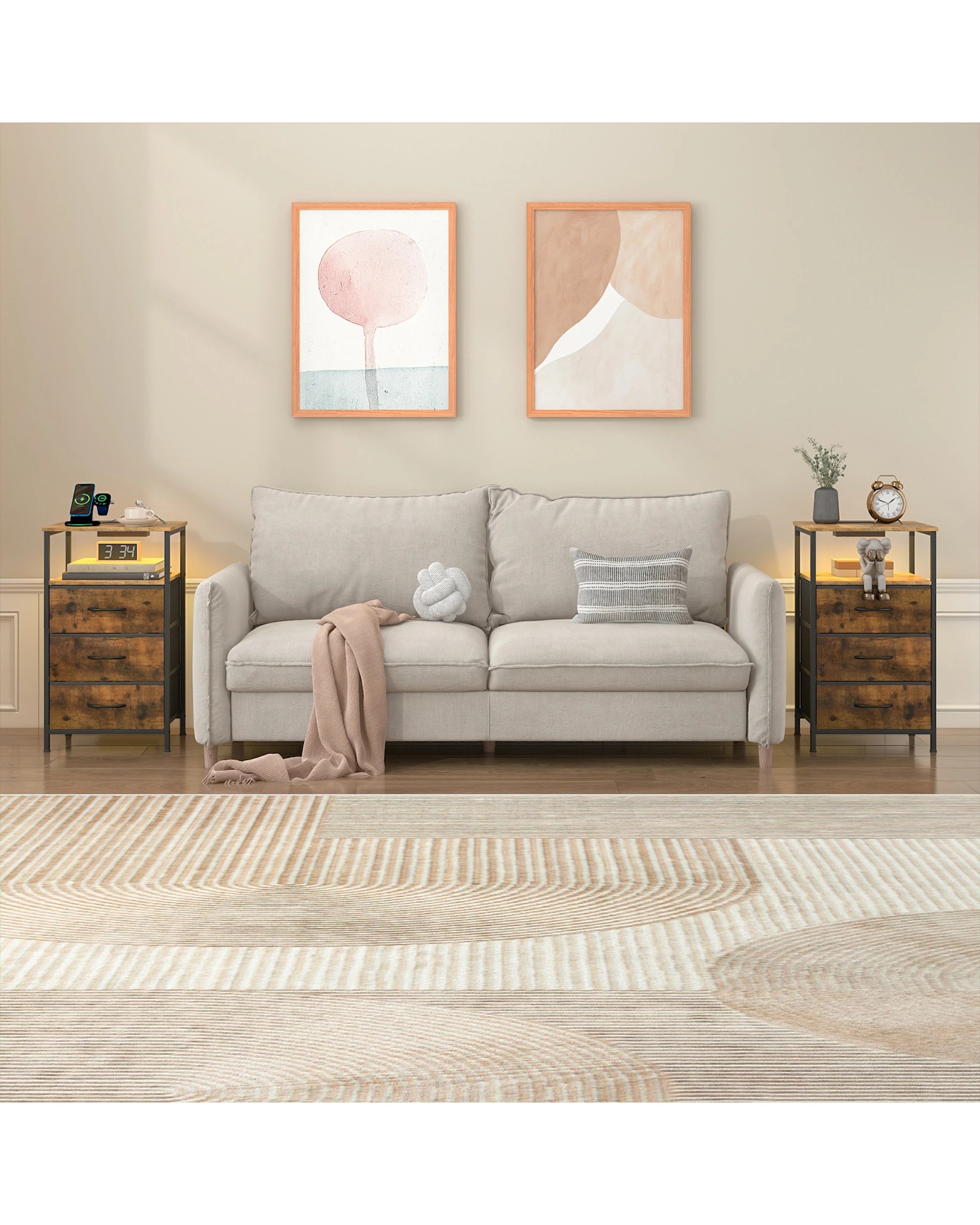 5 Advwin Set of 2 Led Bedside Table with Charging Station 3 Fabric Drawers - Brown, 5 of 7