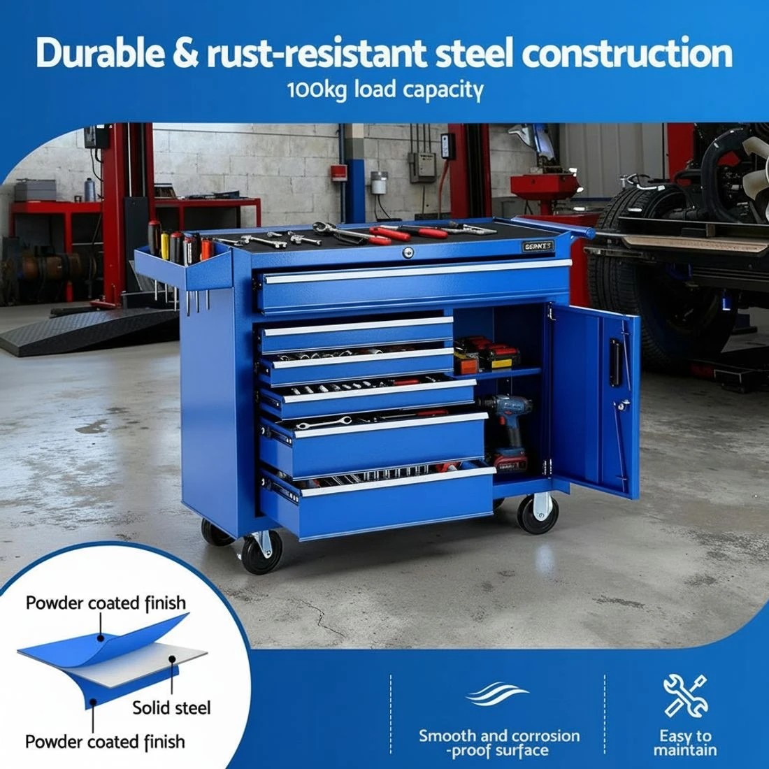 2 Giantz 6 Drawer Tool Chest Trolley Cabinet Cart Toolbox Storage Organiser - Blue, 2 of 6