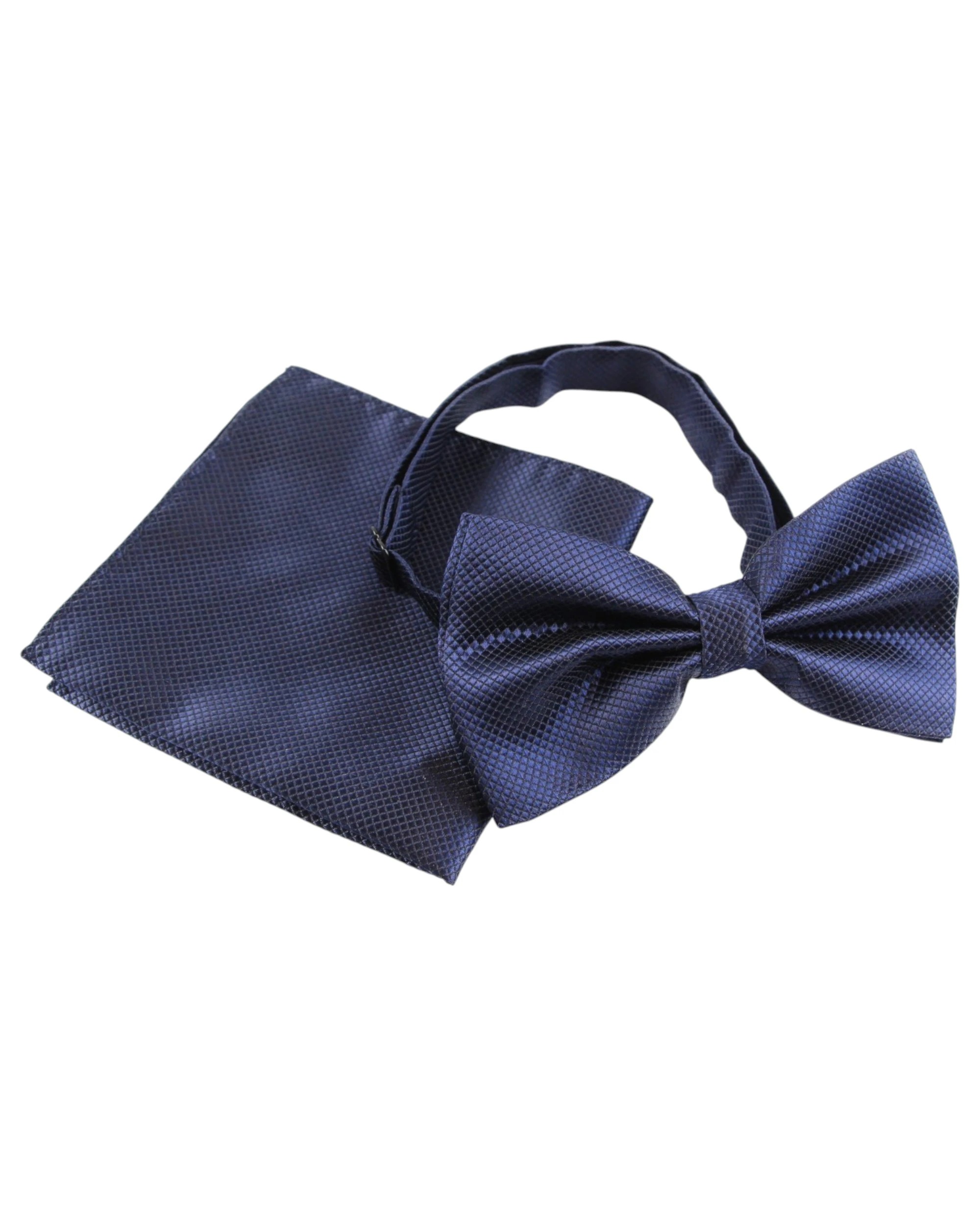 1 Zasel Mens Navy Plain Coloured Checkered Bow Tie & Matching Pocket Square Set - Blue - Blue, 1 of 4