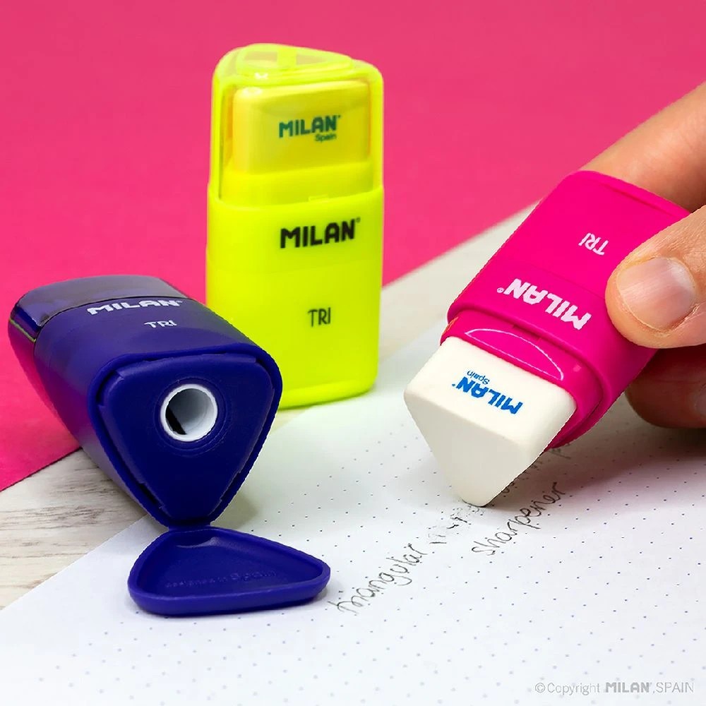 6 Milan Tri 1 Hole Sharpener and Eraser Assorted, 6 of 6