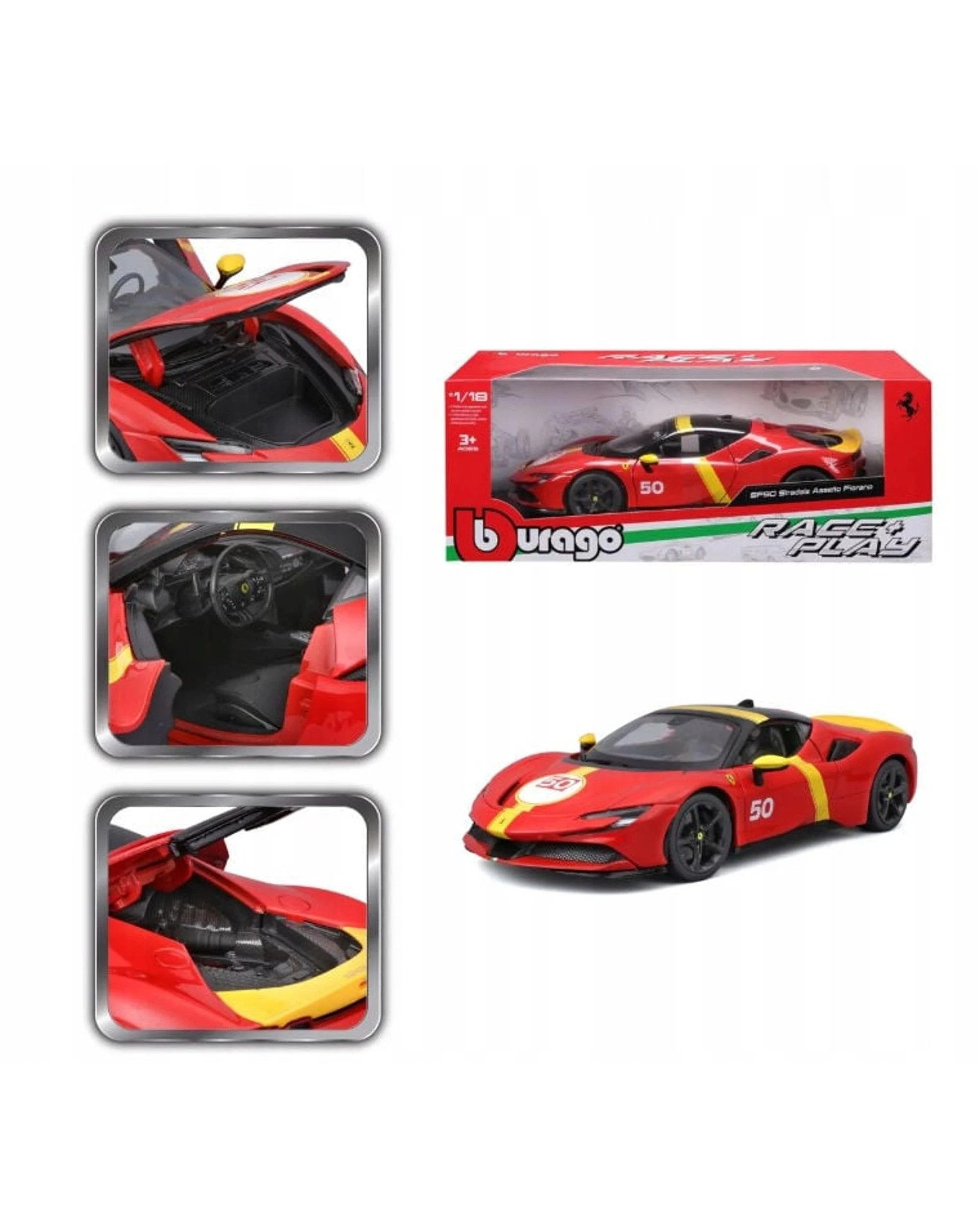 4 Bburago Race and Play 2024 Ferrari SF90 Stradale Assetto Fiorano #50 Red and Yellow 1:18 Scale Diecast Vehicle, 4 of 10