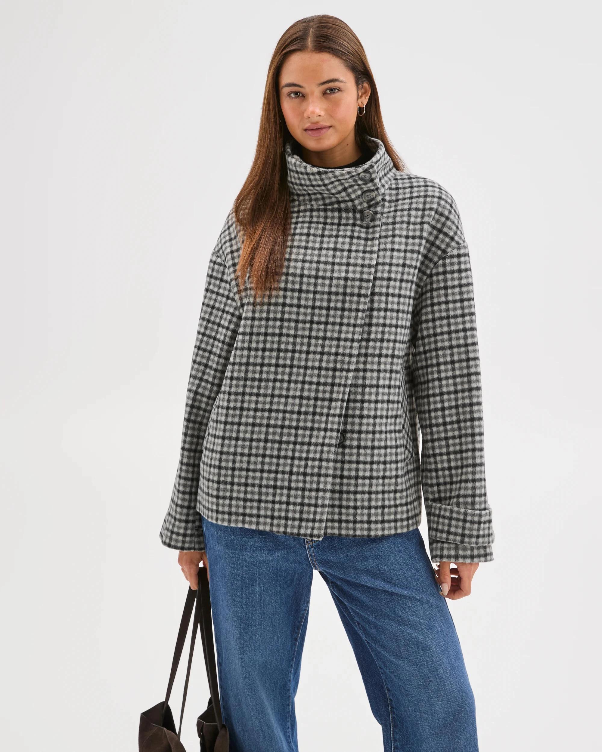 3 Lily Loves Funnel Neck Short Coat CHECK, 3 of 8