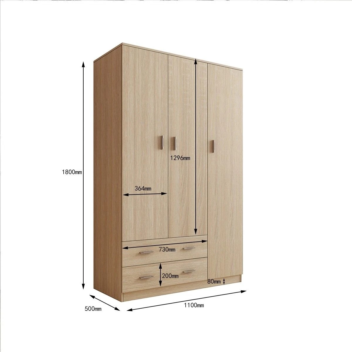 6 Ausway Wood Oak Wardrobe Cabinet Storage Organiser 3 Doors 2 Drawers, 6 of 7