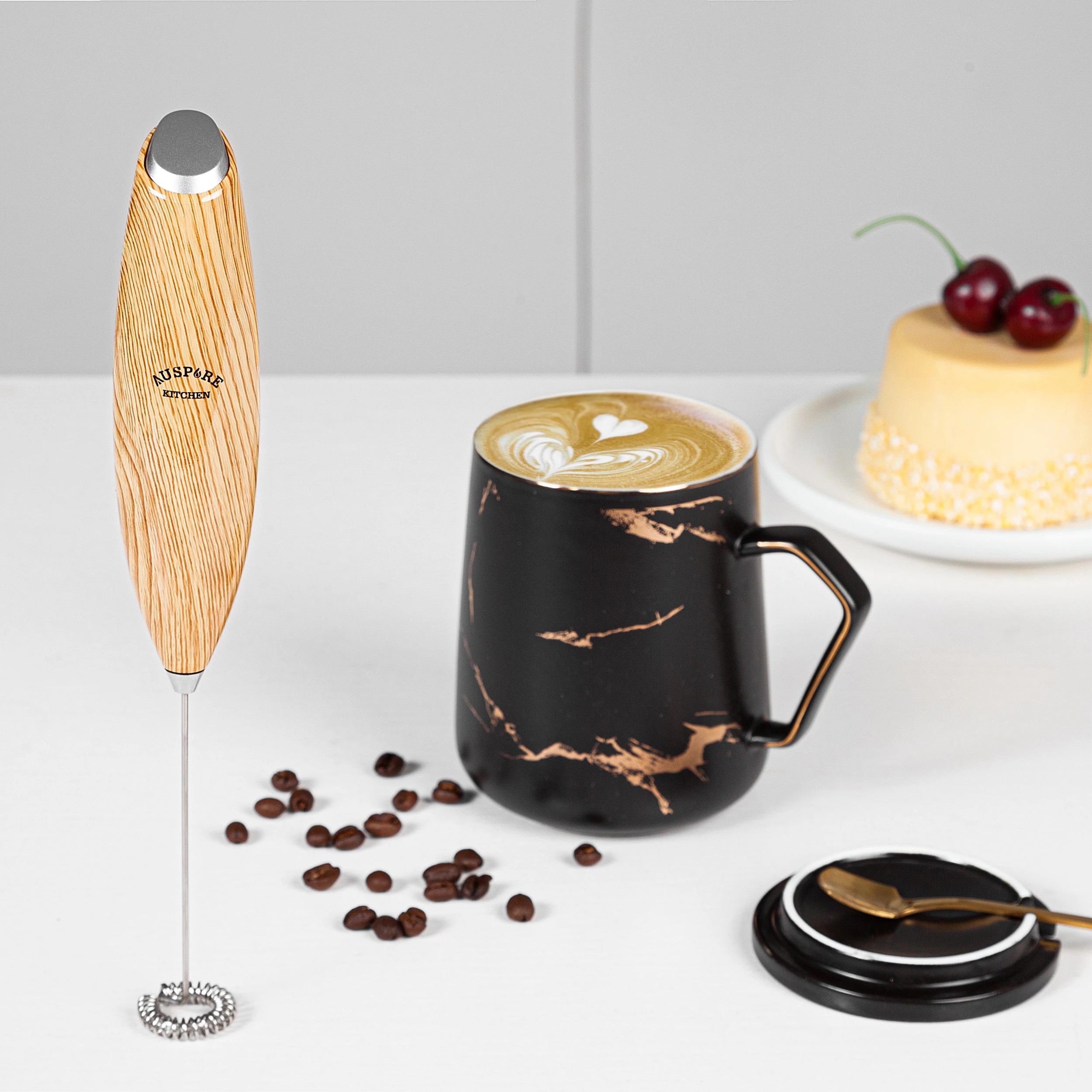 2 Auspure Milk Frother Handheld Electric Whisk Brown Wood, 2 of 4