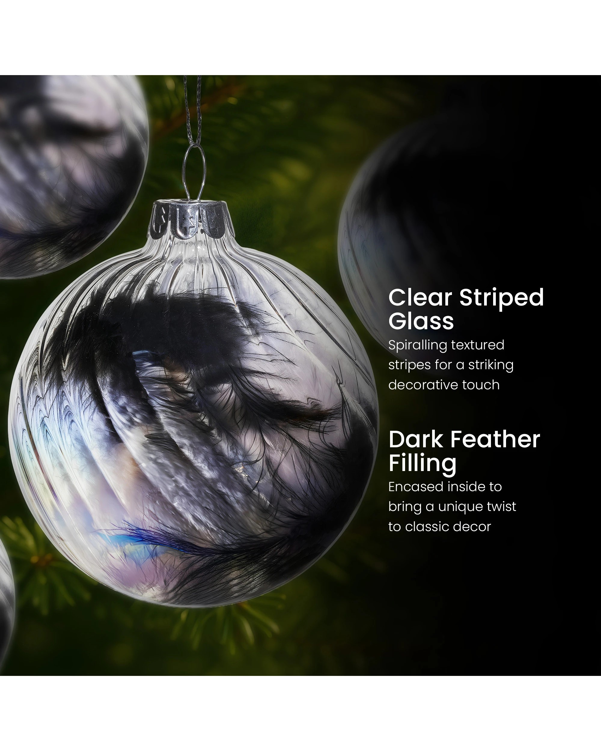 6 Christabelle Clear Striped Glass Baubles 6Pcs Filled with Feathers Balls Christmas Tree Decoration Ornament, 6 of 7