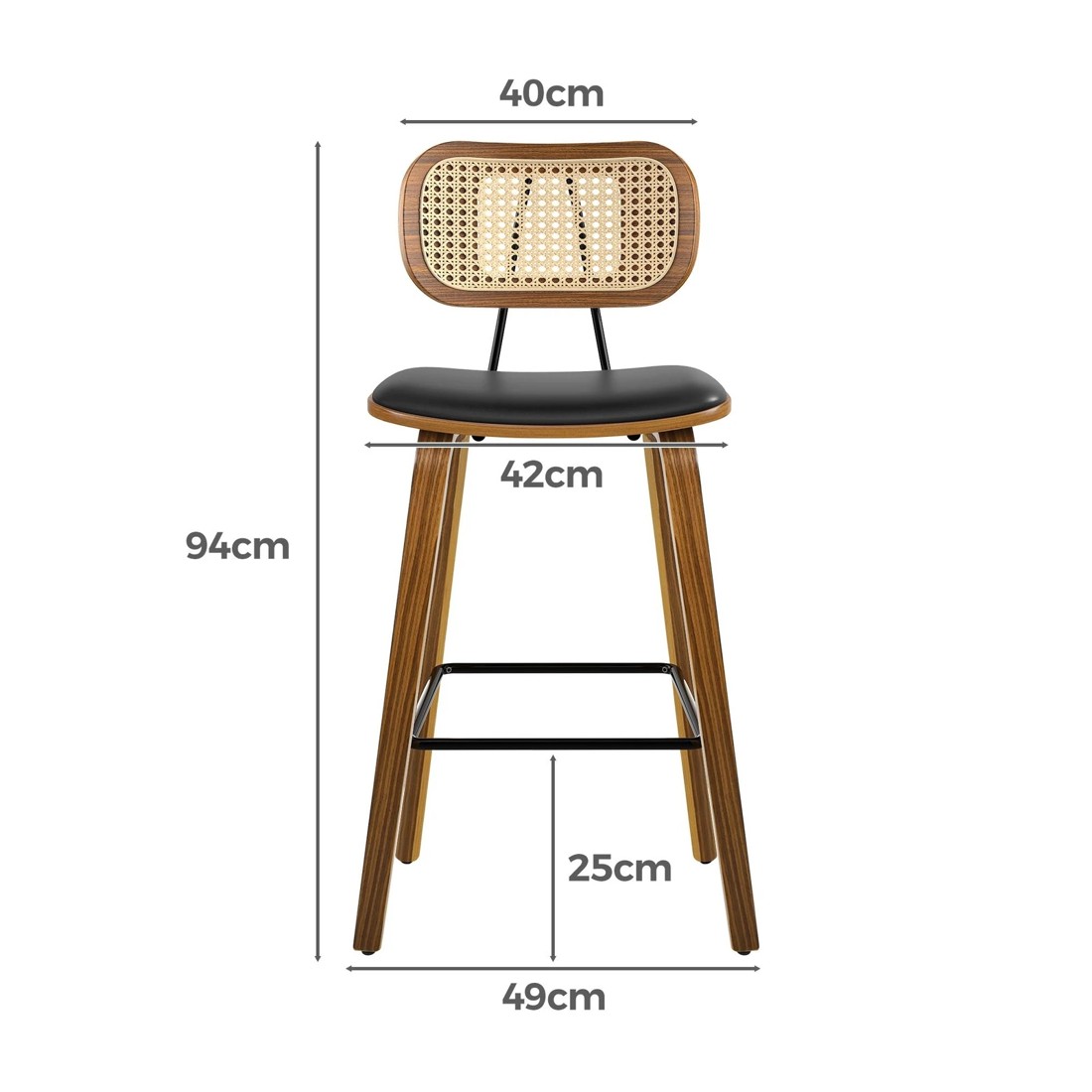 7 Alfordson 4x Bar Stools Kitchen Vintage Leather Seat Rattan Chair Wooden - Black, 7 of 9