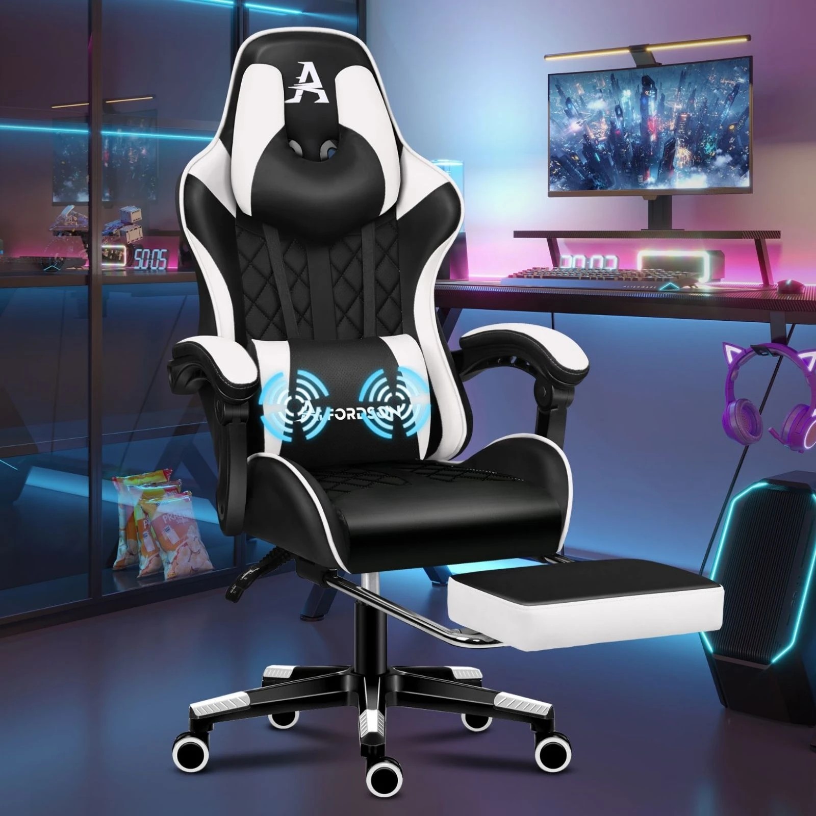 9 Alfordson Gaming Chair Office Racer Large Lumbar Cushion Footrest Seat Leather - White, 9 of 10