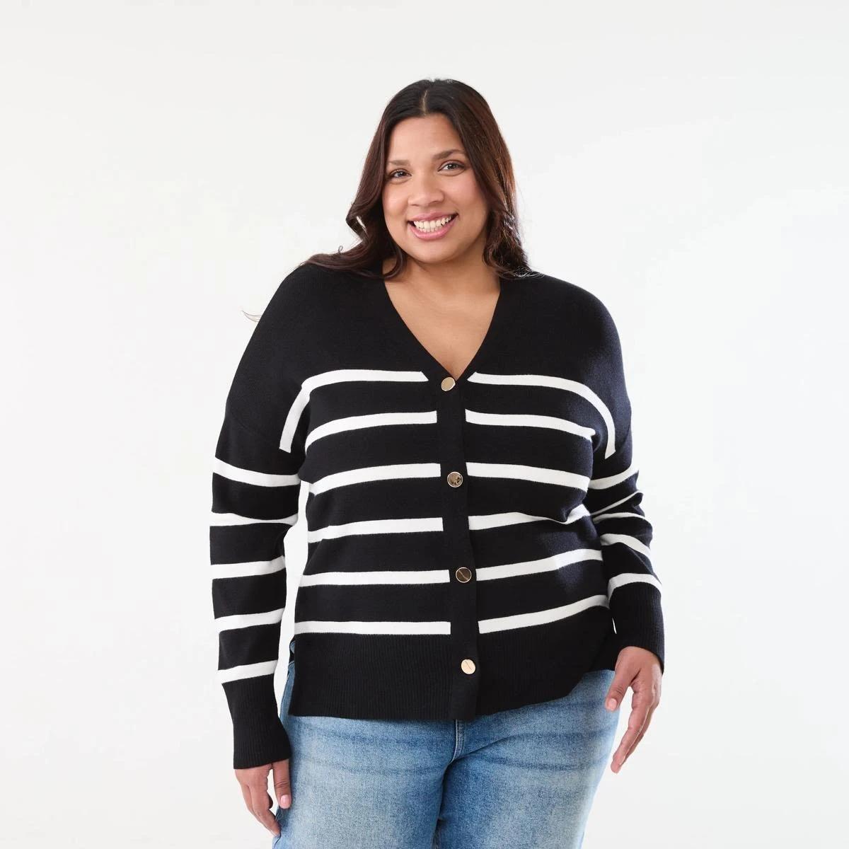 1 Curve Stripe Cardigan BLACK AND WHITE STRIPE, 1 of 5